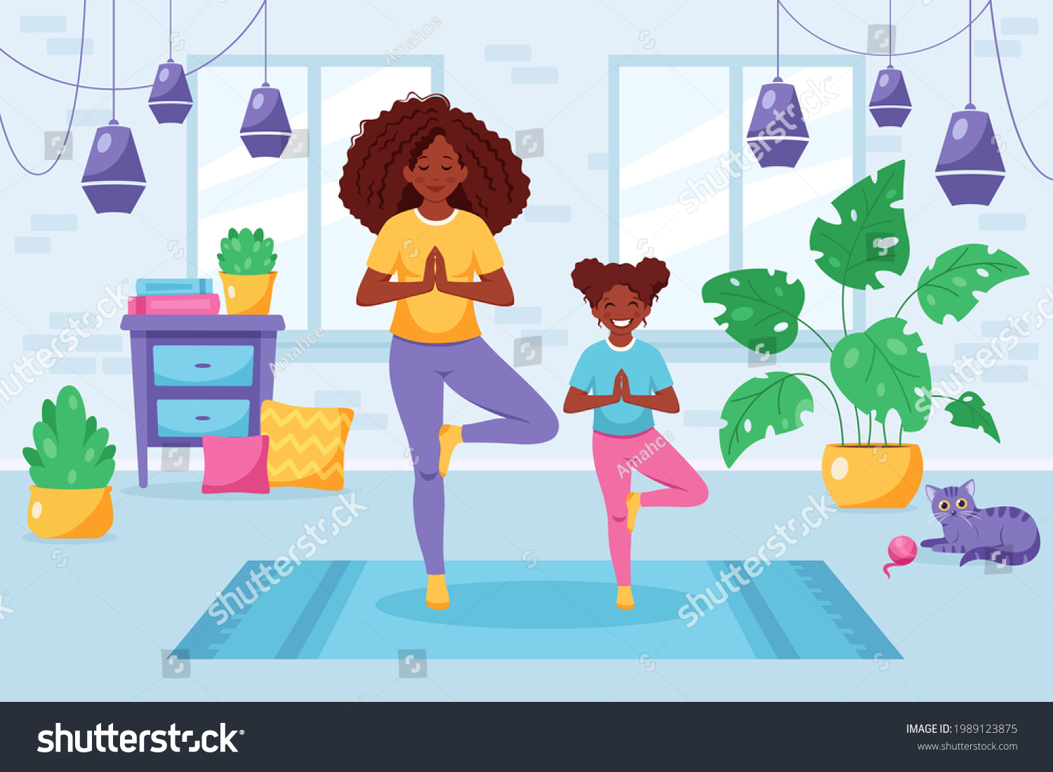 SVG of Black woman doing yoga with daughter in cozy interior. Family spending time together. Vector illustration svg