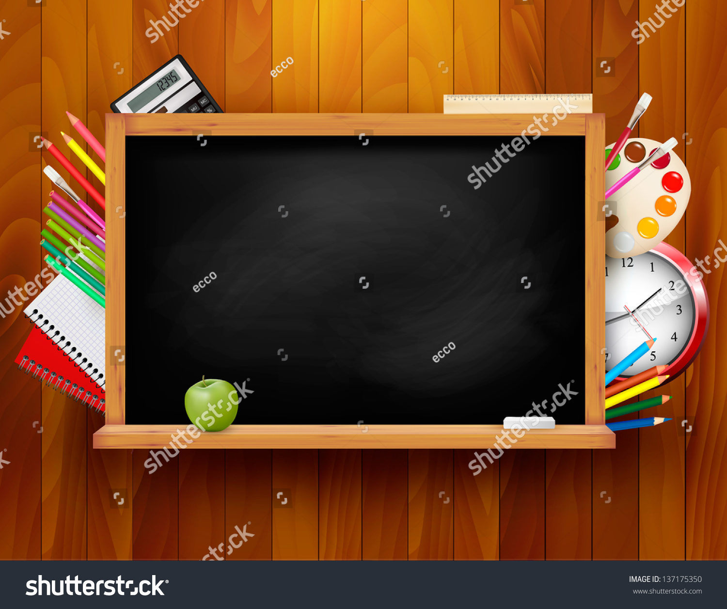 Blackboard With School Supplies On Wooden Background. Vector ...