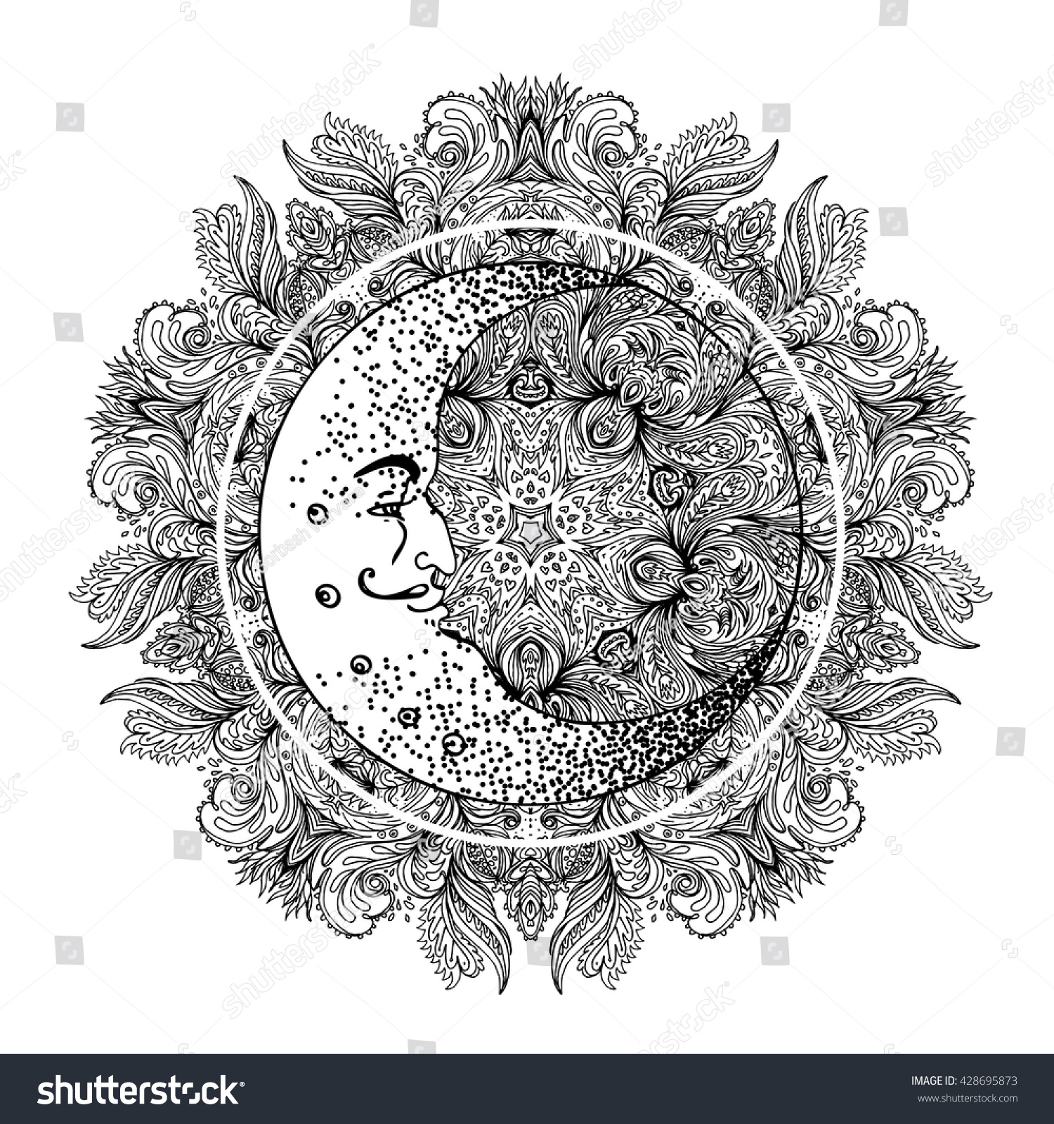 Download Blackwork Tattoo Flash Crescent Moon Over Mandala Stock ...