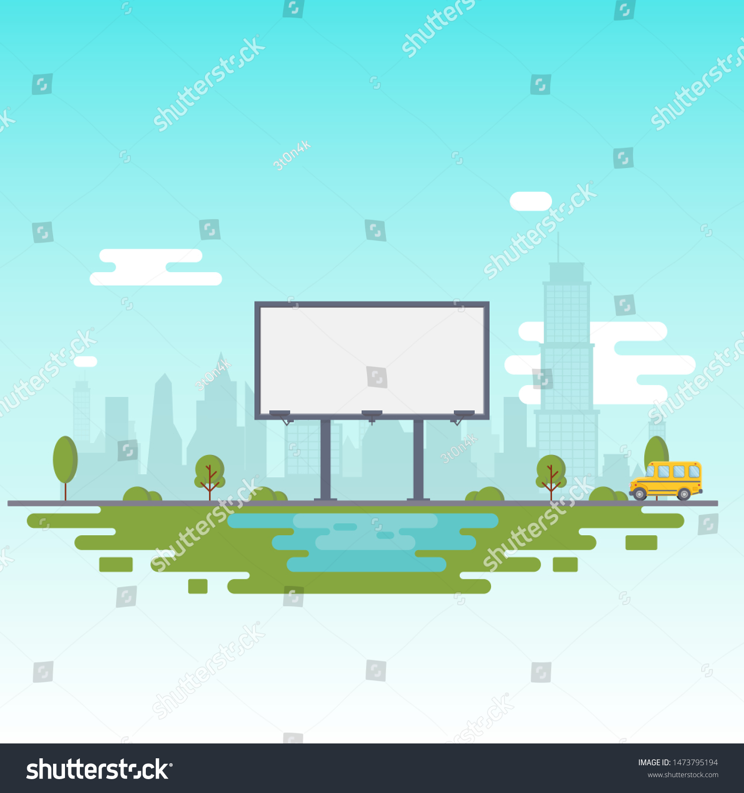 SVG of Blank billboard for your inscription. Billboard on the background of the city and a riding school bus. Vector Illustration svg