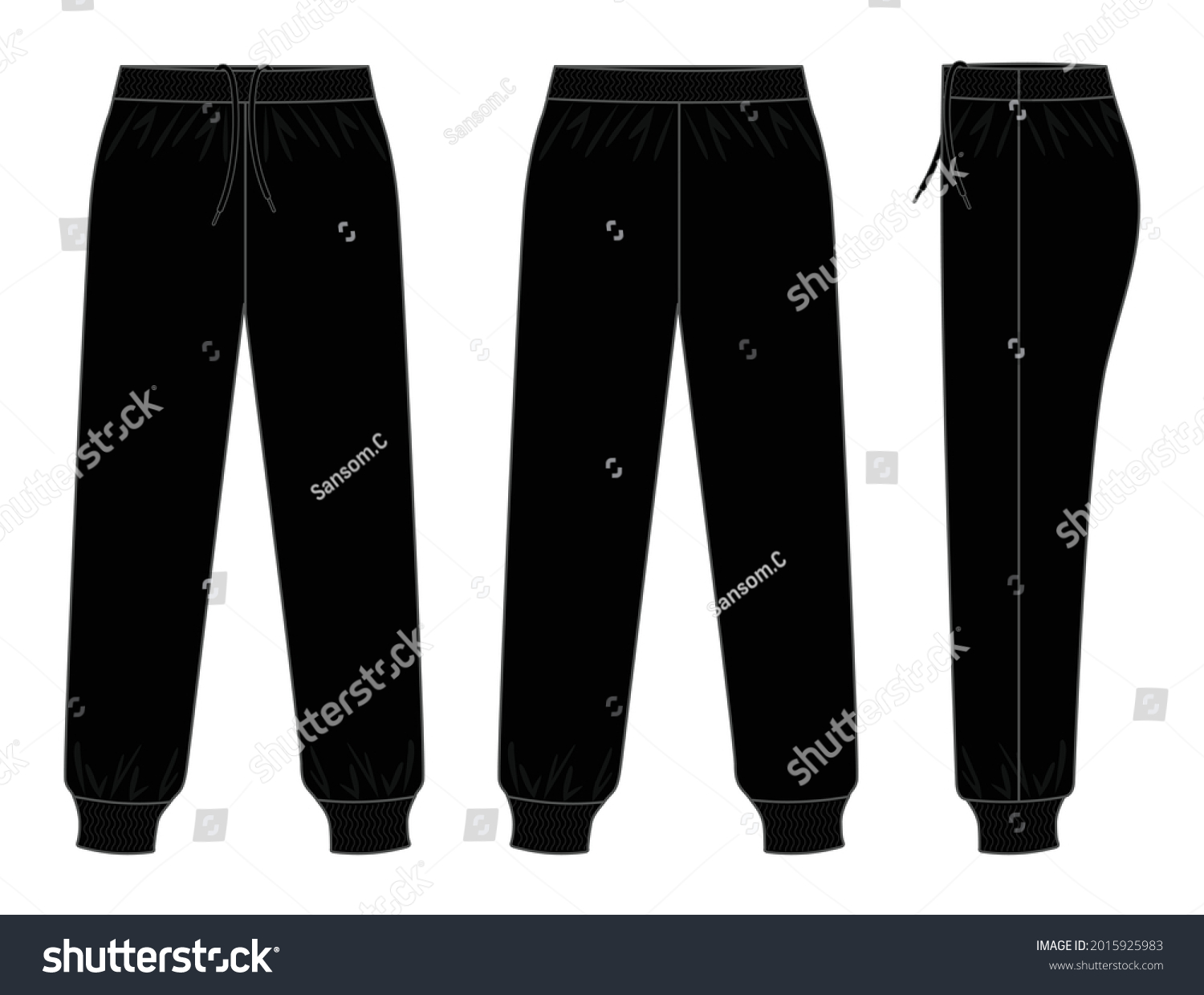 SVG of Blank Black Tracksuit Pants Template on White Background. 
Front, Back, and Side Views, Vector File. svg