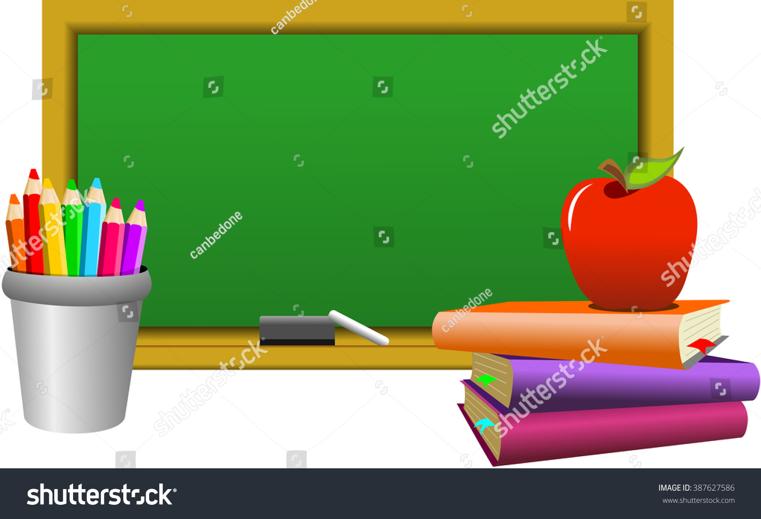 Blank Blackboard Colored Crayons Red Apple On A Stack Of Books Chalk ...