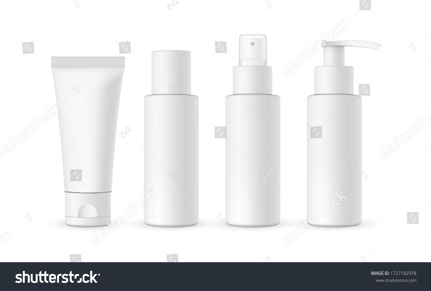 SVG of Blank cosmetic packaging mockup: tube, spray, bottle with press pump. Vector illustration svg