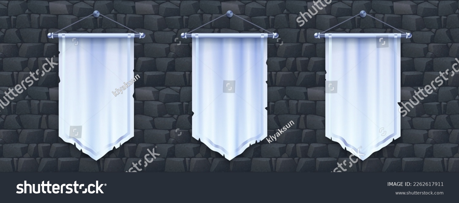 SVG of Blank vertical medieval flag mockup for game design. Isolated 3d white pennon hanging on stone wall background. Royal or knight vintage pennant with silver border, ragged edge svg