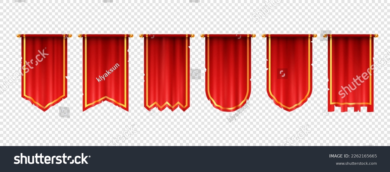SVG of Blank vertical medieval flag mockup game design. Isolated 3d red hanging pennon on transparent background. Royal or knight vintage pennant with golden border, ragged or tattered edge, various shapes svg