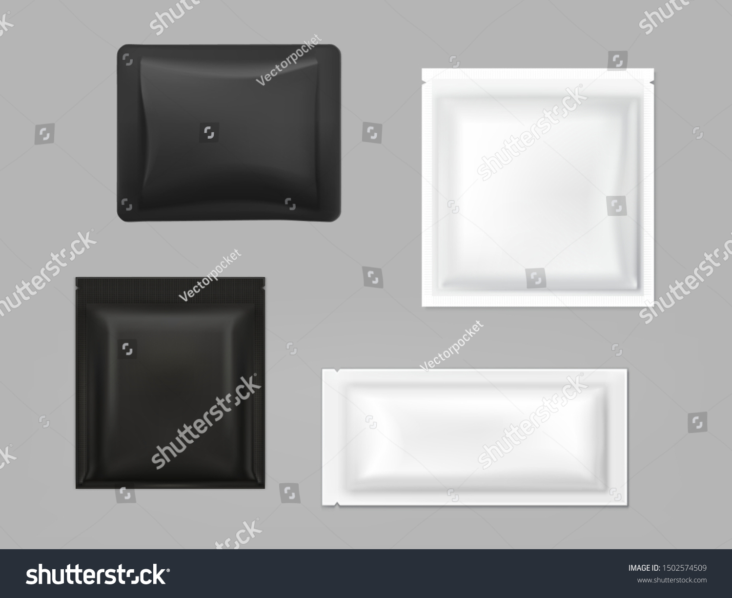 濡れたワイプ ソースや調味料 シャンプーサンプル 3dのリアルなベクターイラストセット用の白 黒いプラスチック フォイル ポリエチレンのサッケット 食品 化粧品製品の包装テンプレート のベクター画像素材 ロイヤリティフリー
