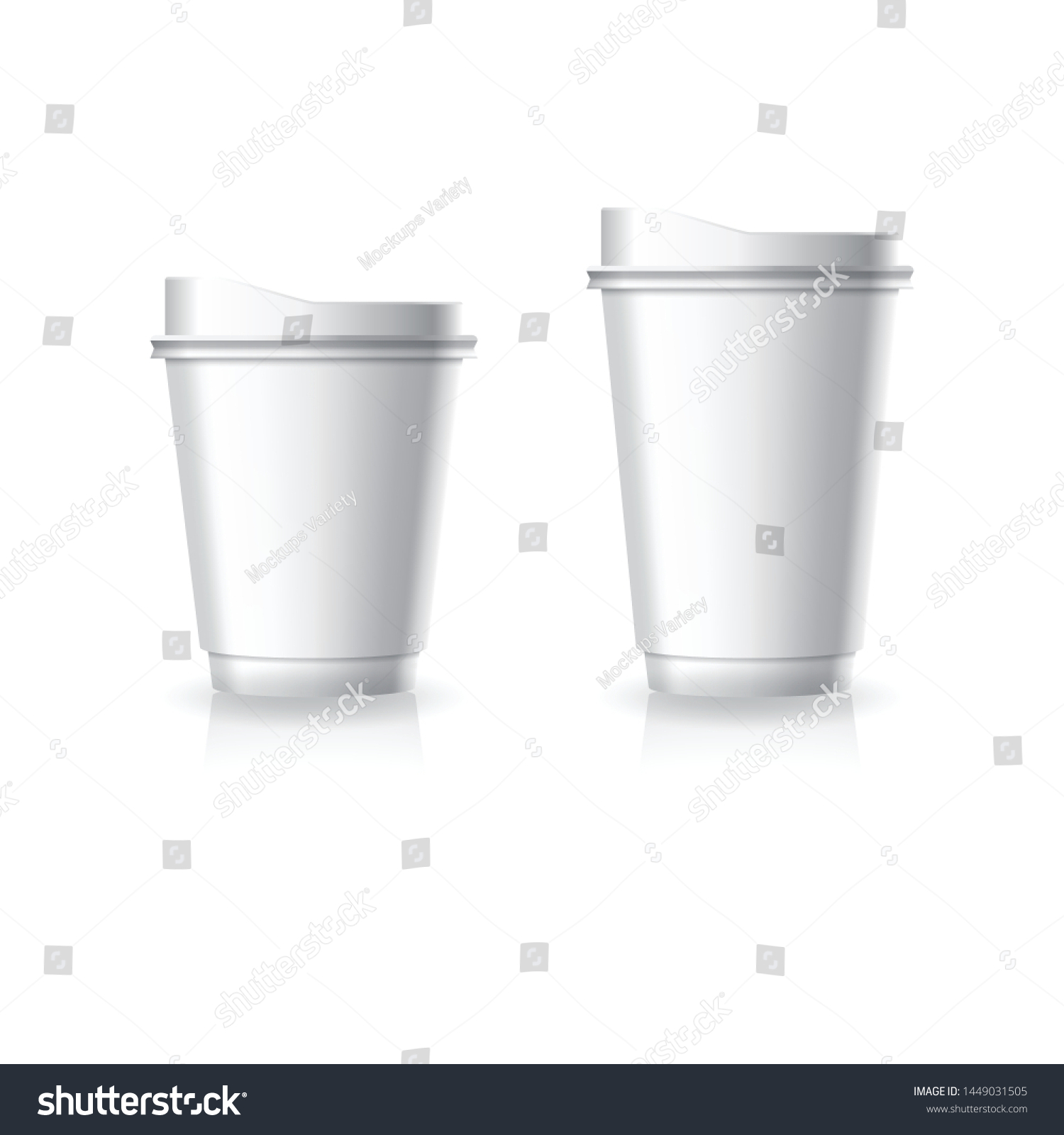 SVG of Blank white paper-plastic coffee-tea cup with white lid in small and medium size mockup template. Isolated on white background with shadow. Ready to use for brand design. Vector illustration. svg