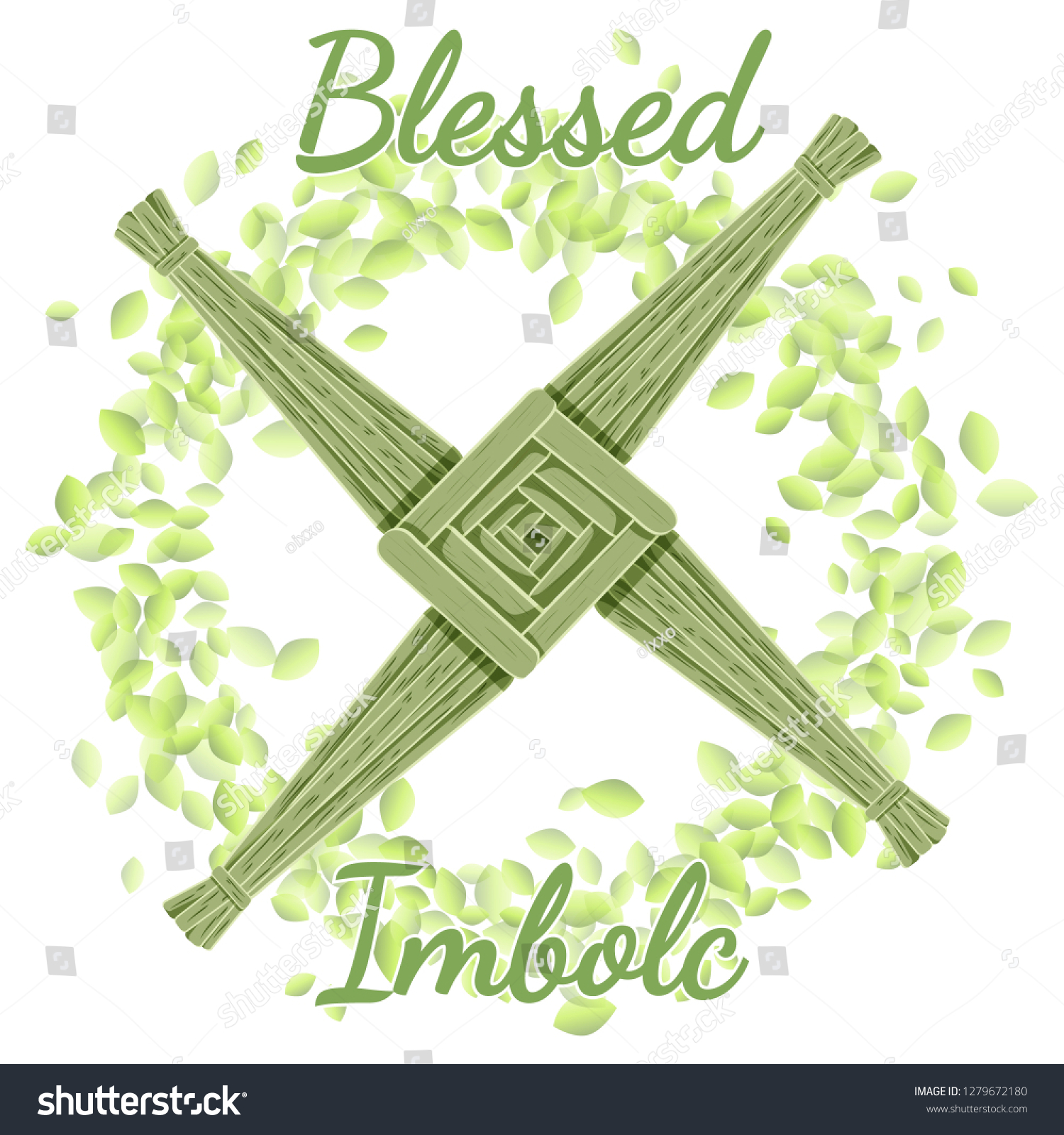 SVG of Blessed Imbolc. Beginning of spring pagan holiday. Brigid's Cross in a wreath of green leaves svg