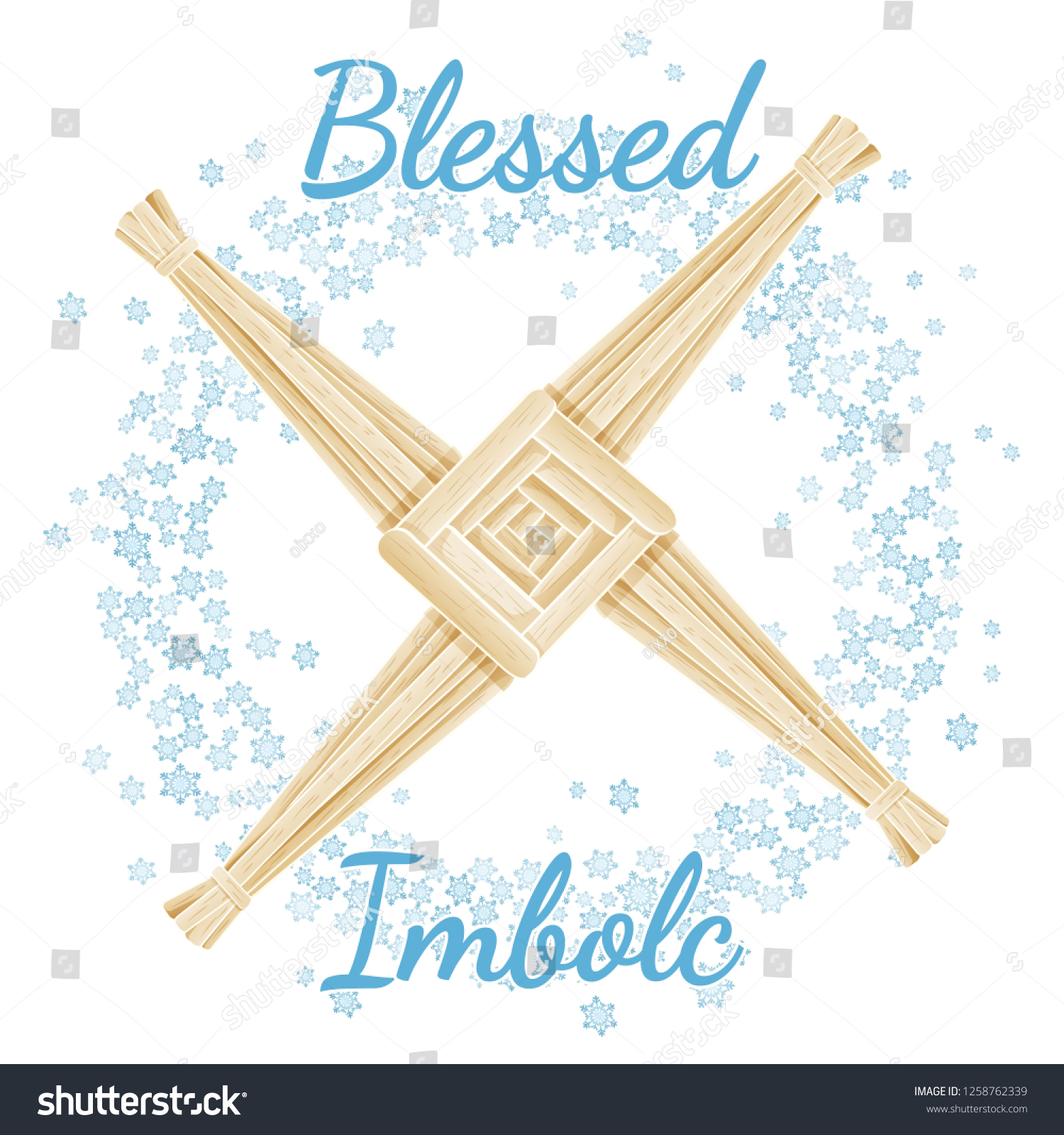 SVG of Blessed Imbolc beginning of spring pagan holiday text in a wreath of snowflakes with Brigid's Cross. Vector postcard svg