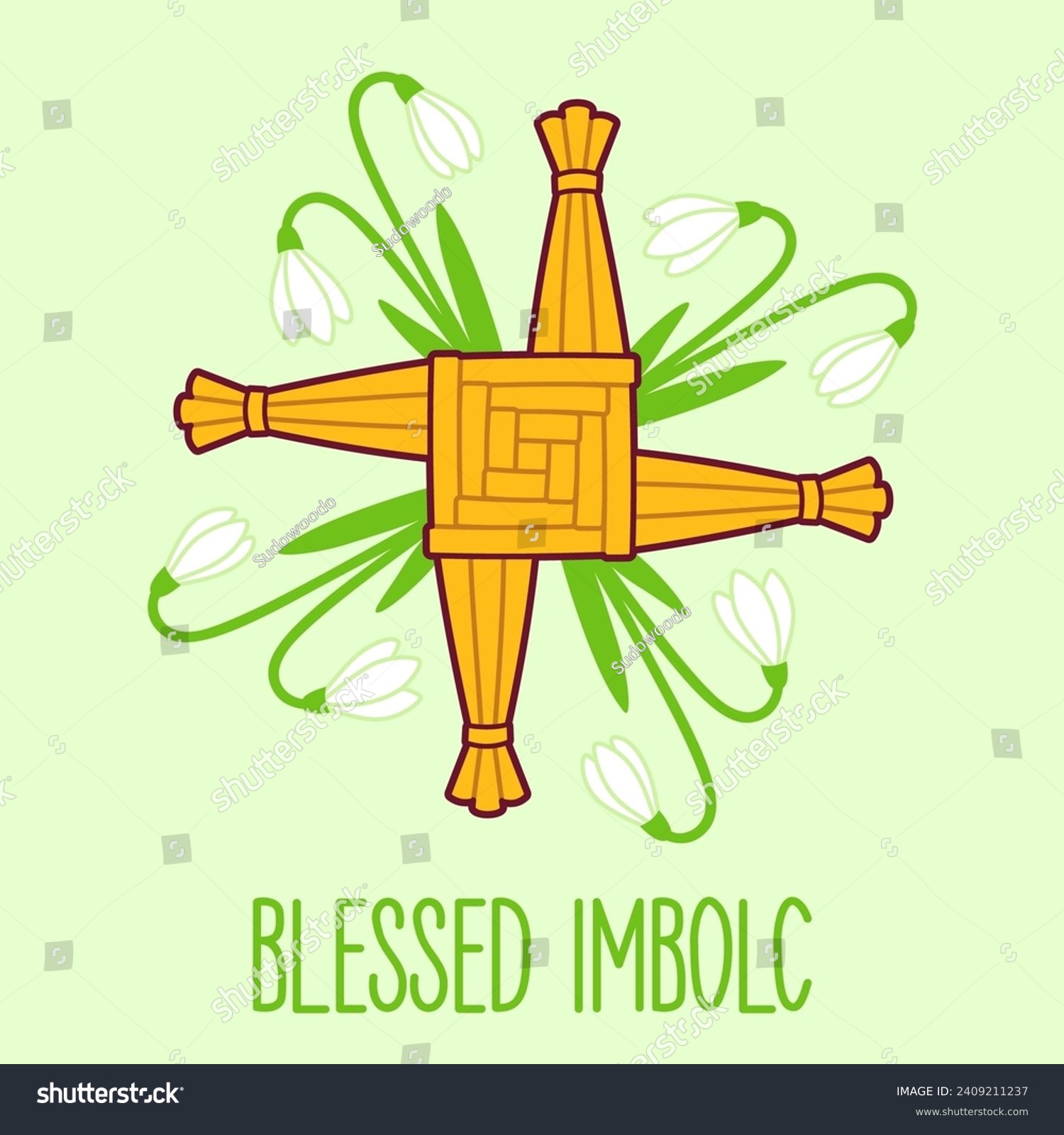SVG of Blessed Imbolc greeting card, pagan spring holiday. Saint Brigid's cross with snowdrop flowers. Vector illustration.  svg