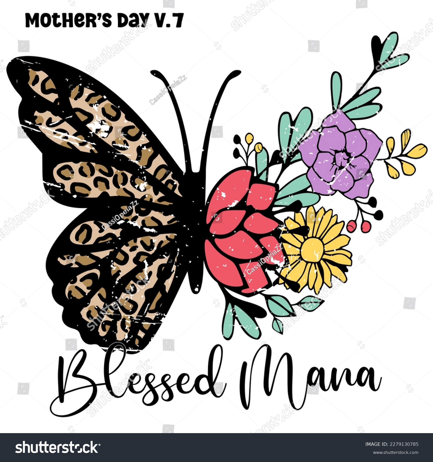 SVG of Blessed Mama , blessed mama mother's day butterfly leopard flower  Texture colorful Retro groovy 80s 90s Style Design for T-Shirt And SVG. , Mother's Day V.7 svg