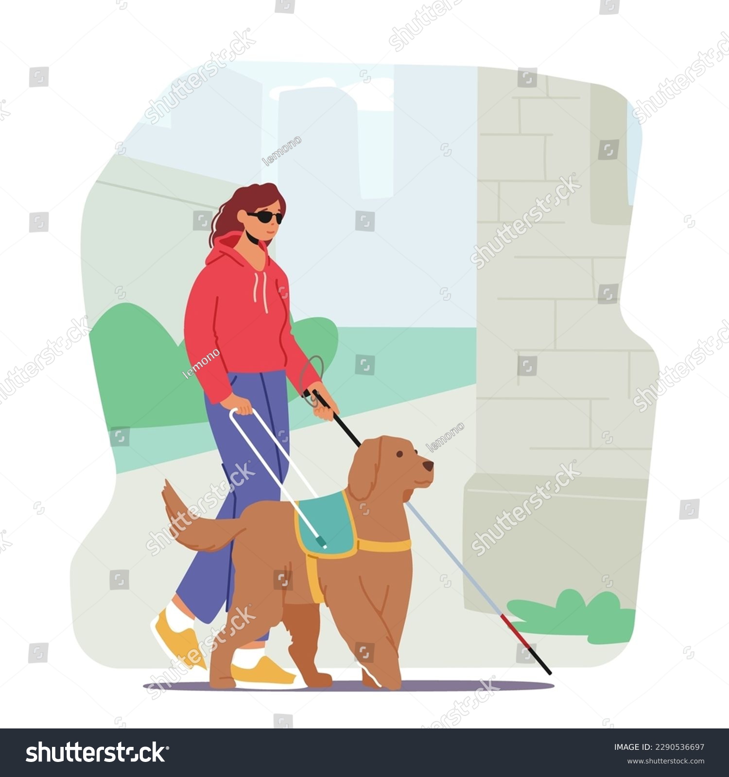 SVG of Blind Female Character With A Guide Dog Walks Confidently Down The Street, With Walking Cane and Dog Leading The Way And The Woman Following Closely. Cartoon People Vector Illustration svg