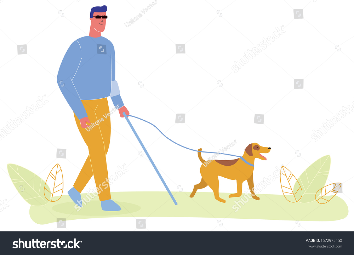 SVG of Blind Man in Glasses Walk with Cane Vector Illustration. Service Dog on Leash, Guide Assistance. Trained Animal Help, Blindness Support. Disabled Rehabilitation. Handicacapped Accessibility svg