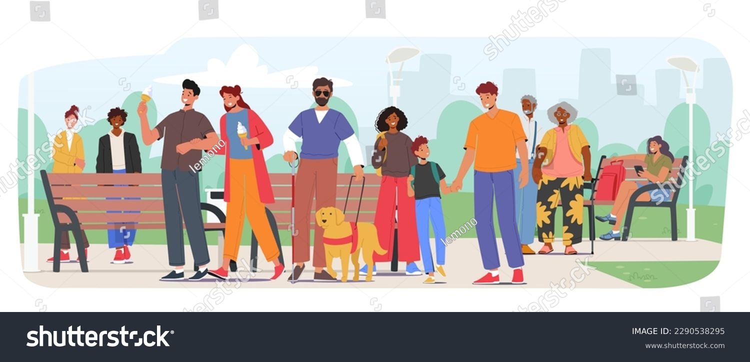 SVG of Blind Man Navigates The Park With His Guide Dog, Moving Through The Pathways And Enjoying The Fresh Air And Natural Surroundings With Confidence And Independence. Cartoon People Vector Illustration svg