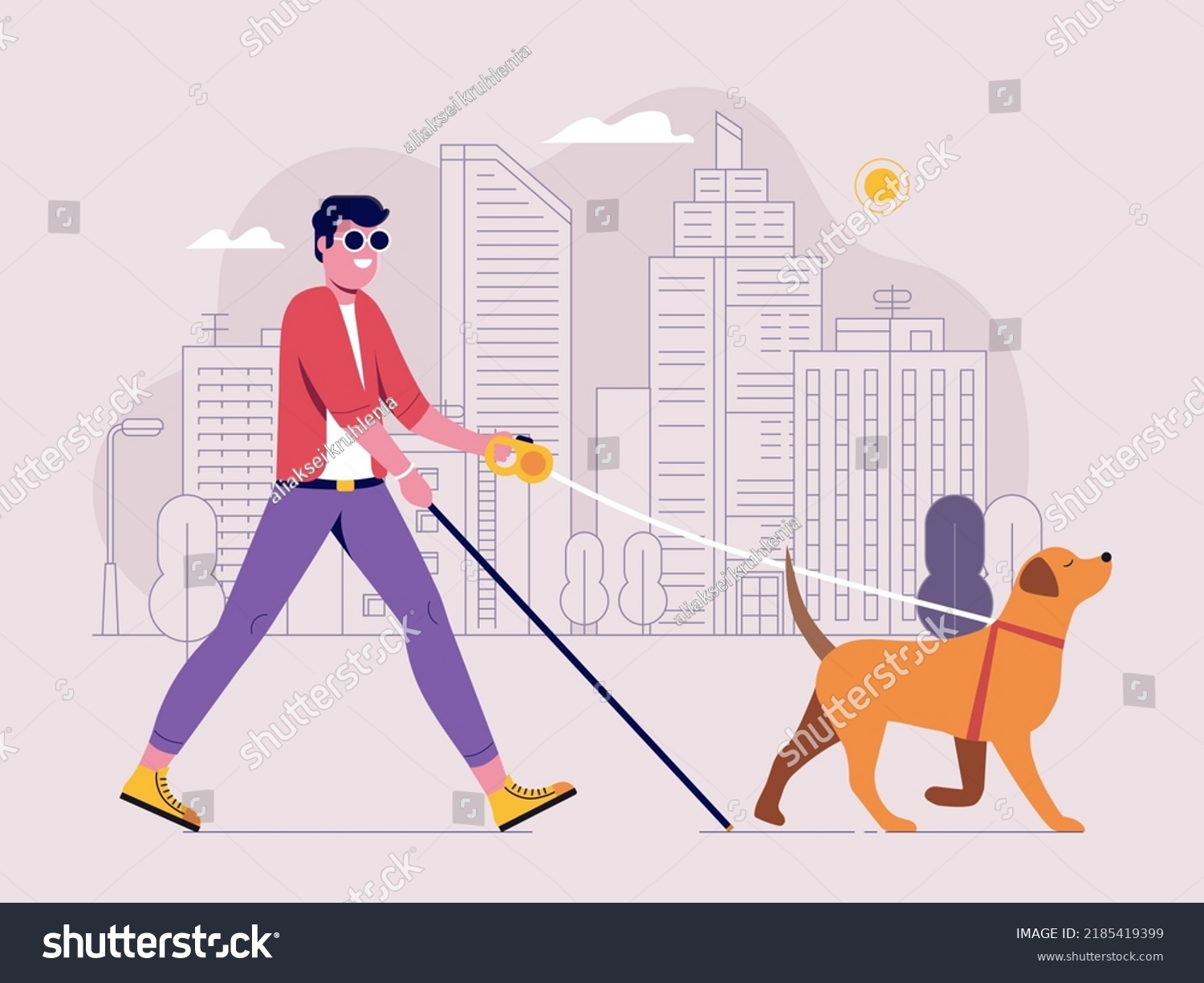 SVG of Blind man walking with guide dog in city. Labrador Retriever leading blind person across the street. Cheerful guy with cane and leader seeing eye dog strolls down street with skyscrapers. svg