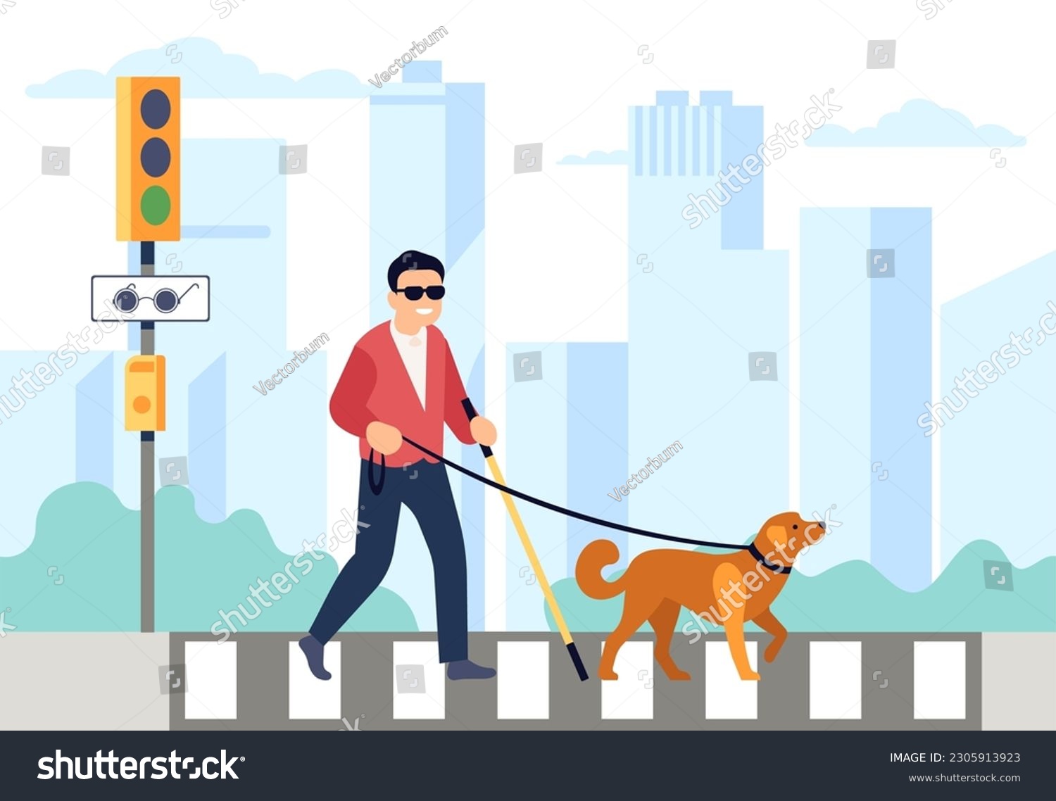 SVG of Blind man with guide dog crosses road at traffic light with sign for blind. Pet leading handicapped male character, animal companion for disabled. Cartoon flat isolated svg