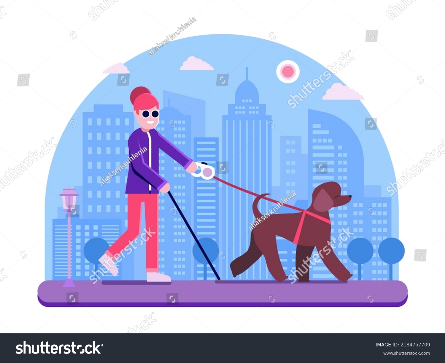 SVG of Blind woman walking with guide dog in city. Brown poodle leading blind lady across the street. Cheerful girl with cane and leader seeing eye dog strolls across street with skyscrapers. svg