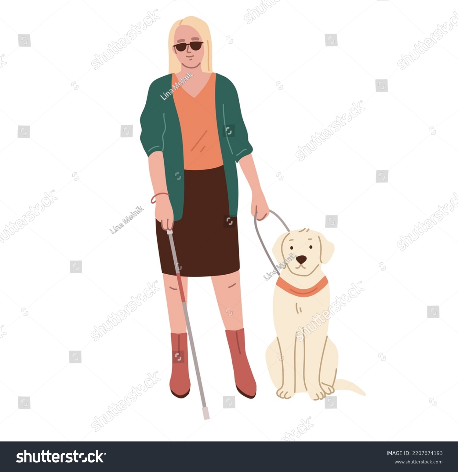 SVG of Blind woman wearing black glasses, walking with a stick and guide dog. Disable person. Flat vector illustration. svg