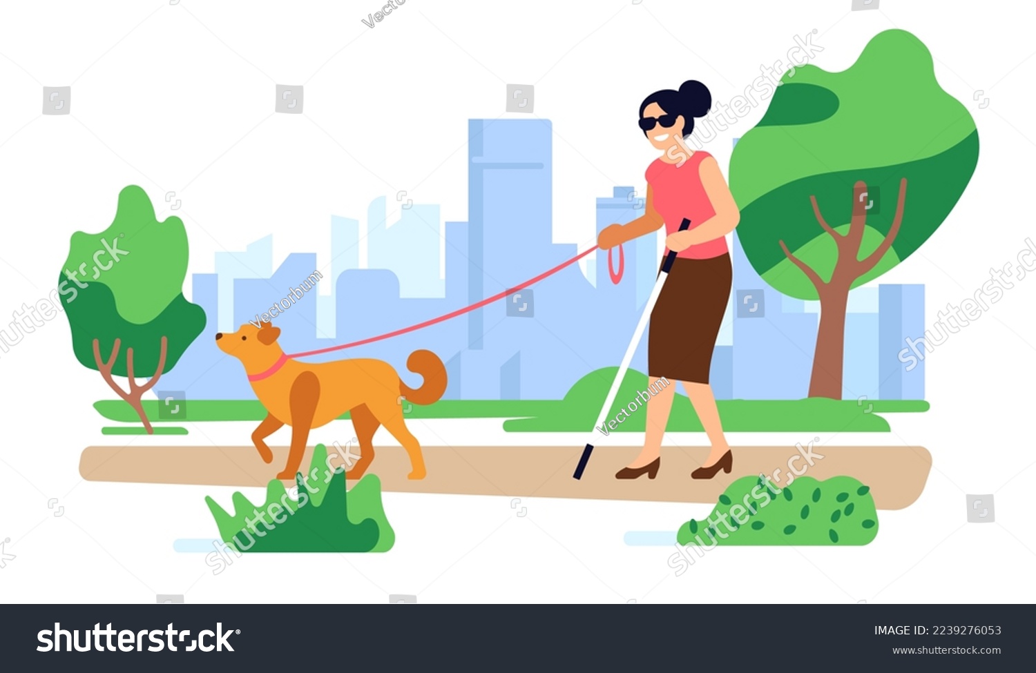 SVG of Blind woman with guide dog walks in park. Disabled persons outdoor stroll. Pet leading handicapped female. Visual disability. Trained animal companion. Invalid assistance svg