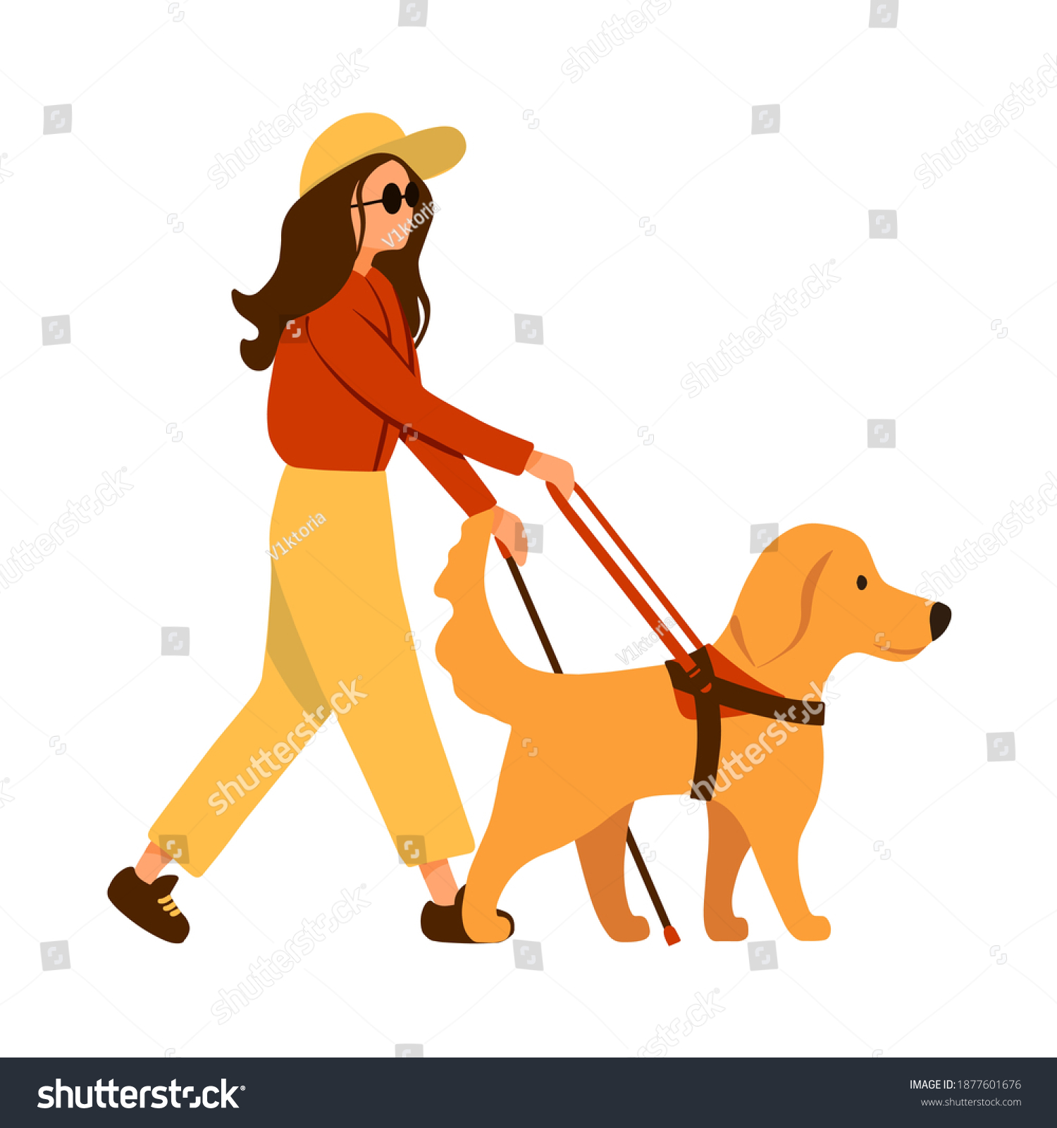 SVG of Blind woman with stick walks beside guide dog leads. Golden Retriever and human isolated on white background cartoon style. Flat design for poster, banner, flyer, web, mockup, business, company, sign. svg