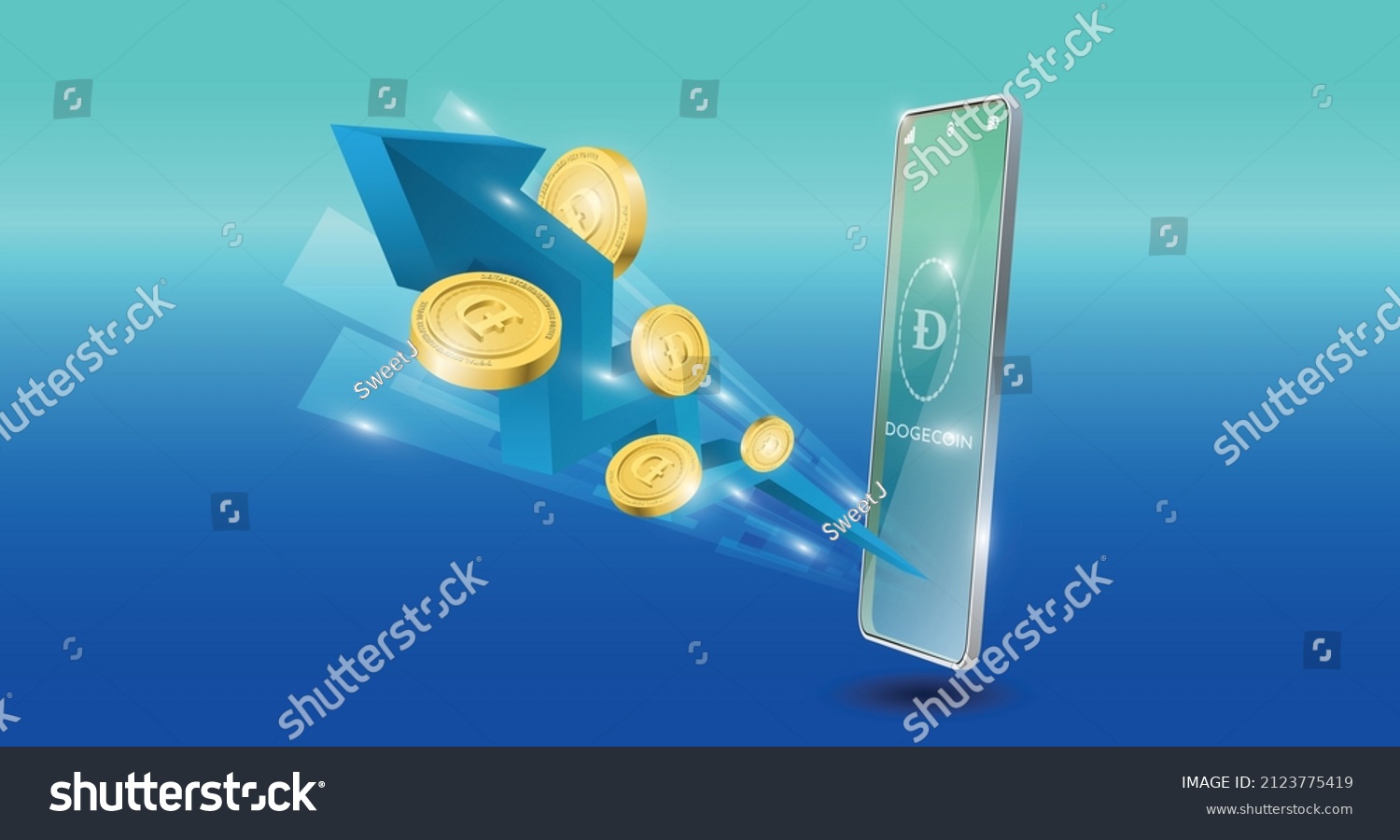 SVG of blockchain technology concept with uptrend blue arrow with dogecoin background. Realistic vector illustration. svg