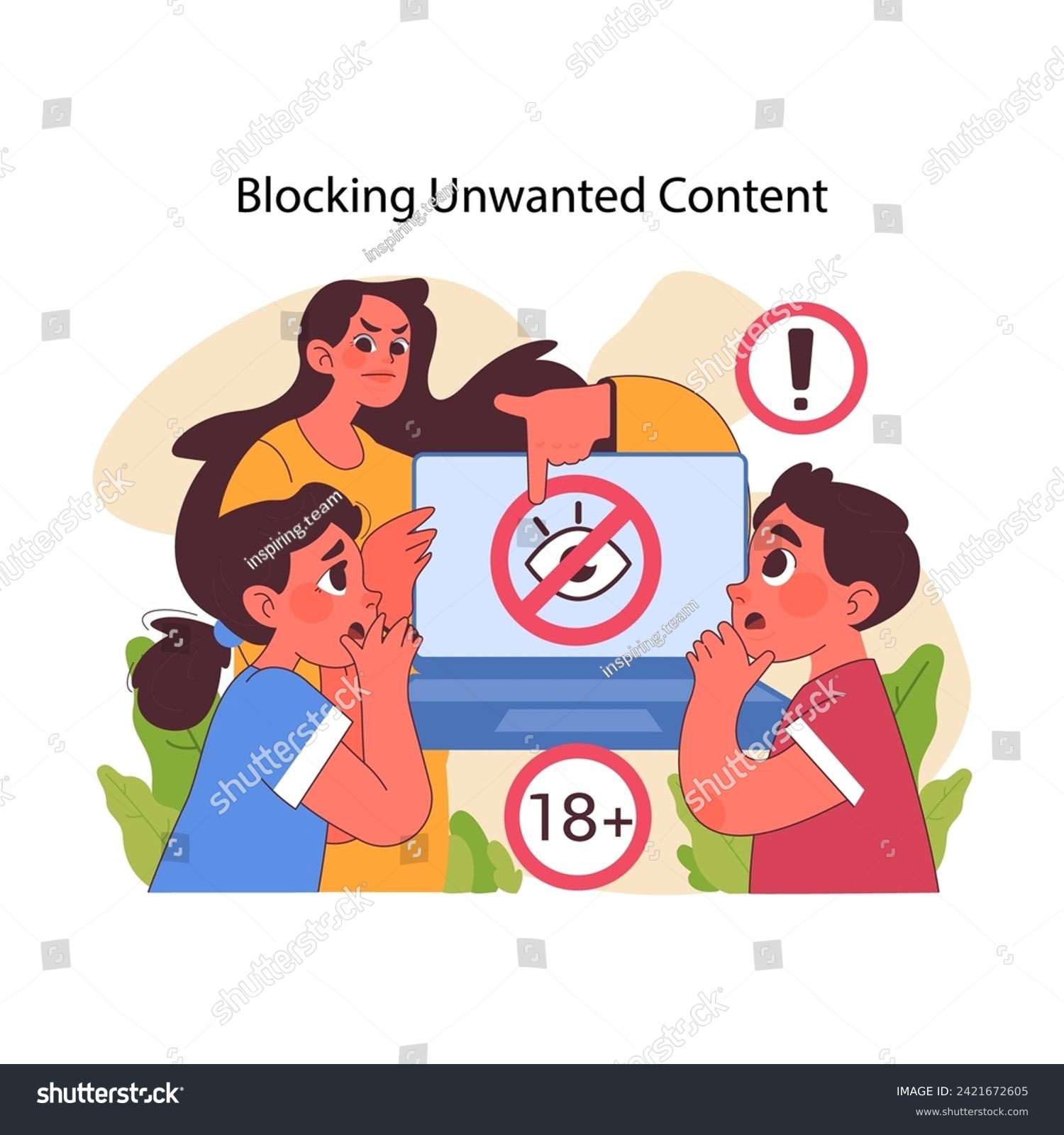 SVG of Blocking unwanted content concept. Vigilant parent teaching little boy and girl to avoid inappropriate online material. Promoting safe digital environment for children. Flat vector illustration svg