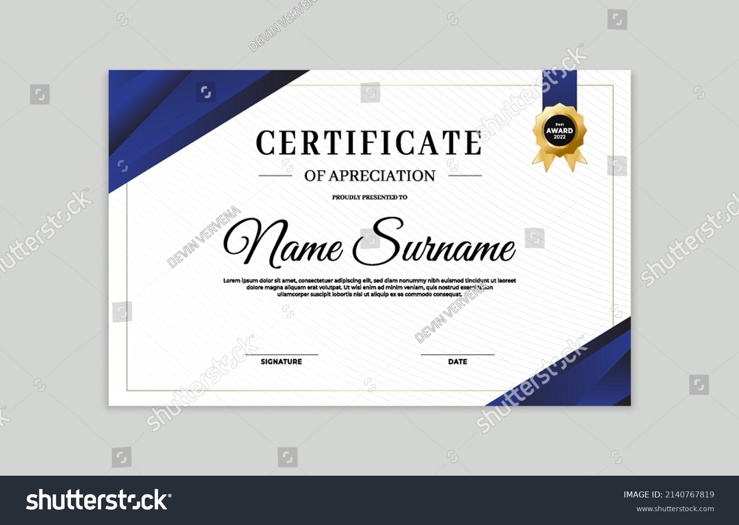 Blue Gold Certificate Border Template Appreciation Stock Vector ...