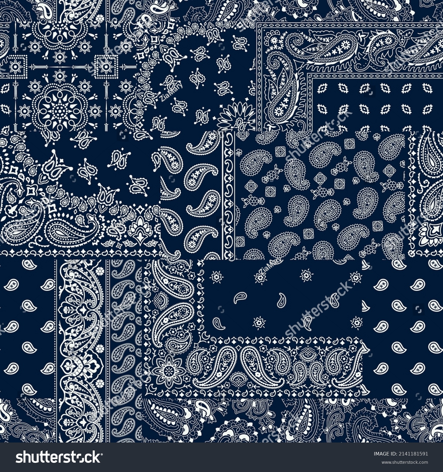 SVG of Blue bandana kerchief paisley fabric patchwork abstract vector seamless pattern  svg
