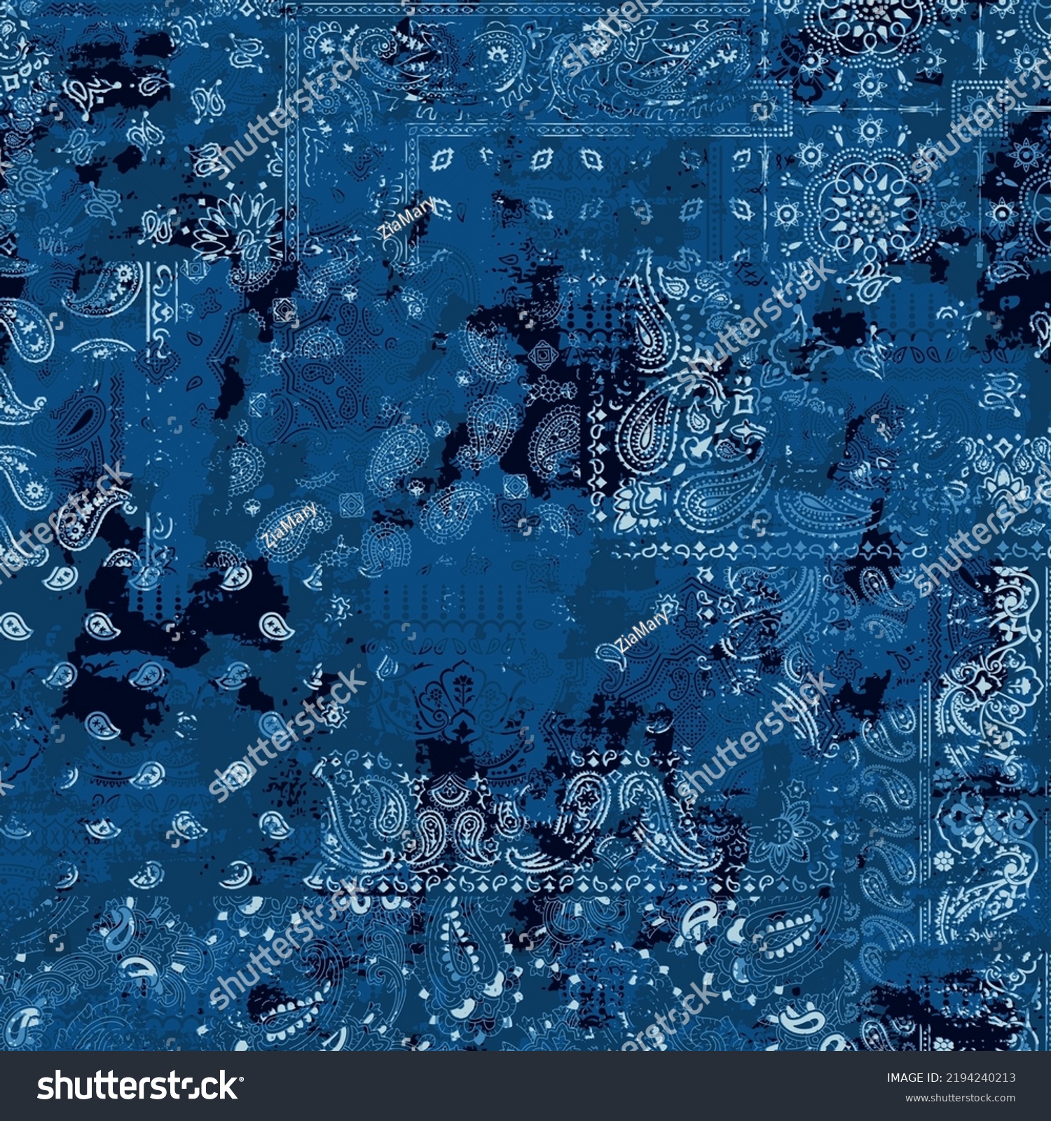 SVG of Blue bandana kerchief paisley fabric patchwork grunge abstract vector seamless pattern  svg