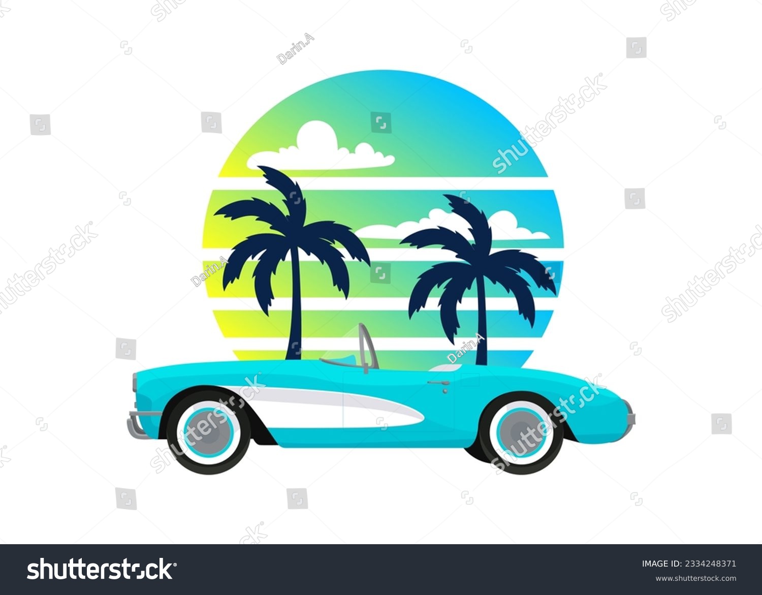 SVG of Blue classic corvette car. Summer sunset with palm trees background in retro vintage style. Design t-shirt, print, sticker, poster. Vector svg