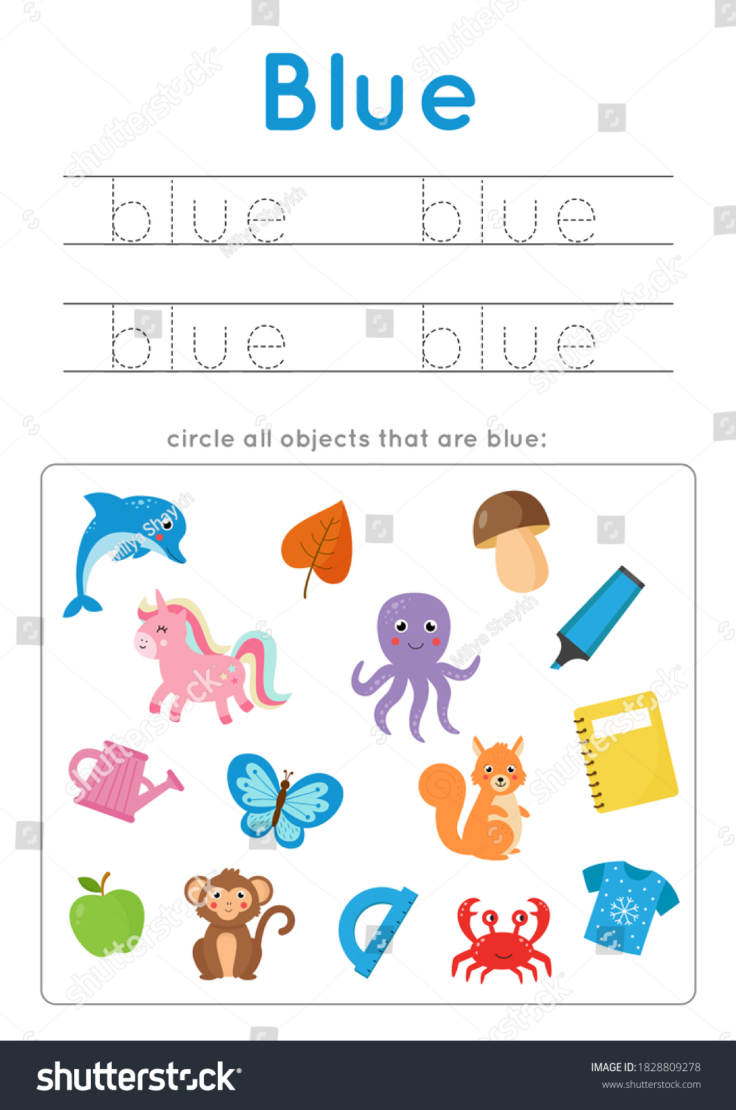 blue color worksheet learning basic colors stock vector royalty free 1828809278 shutterstock