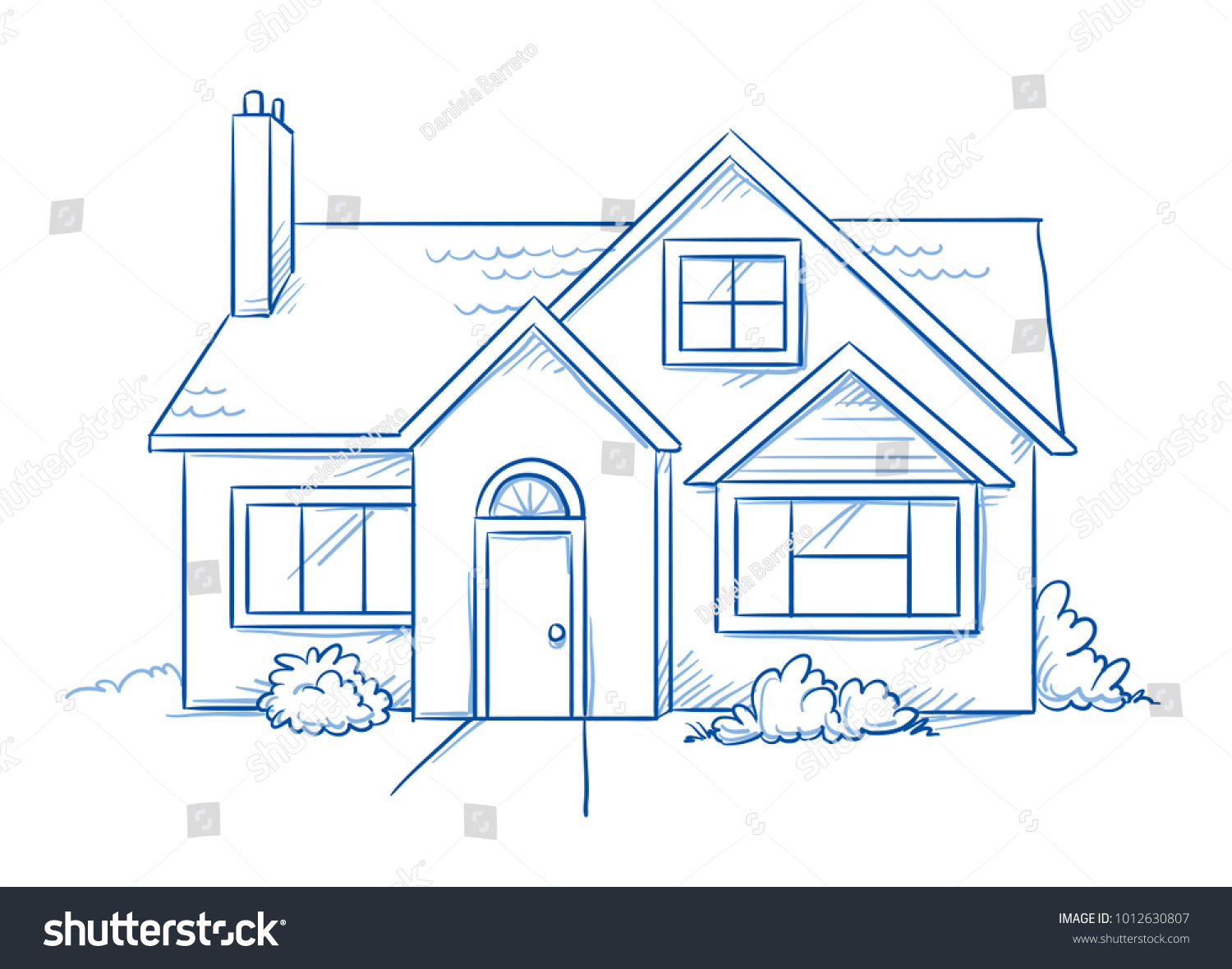 SVG of Blue colored detached, single family house with garden. Hand drawn line art cartoon vector illustration. svg