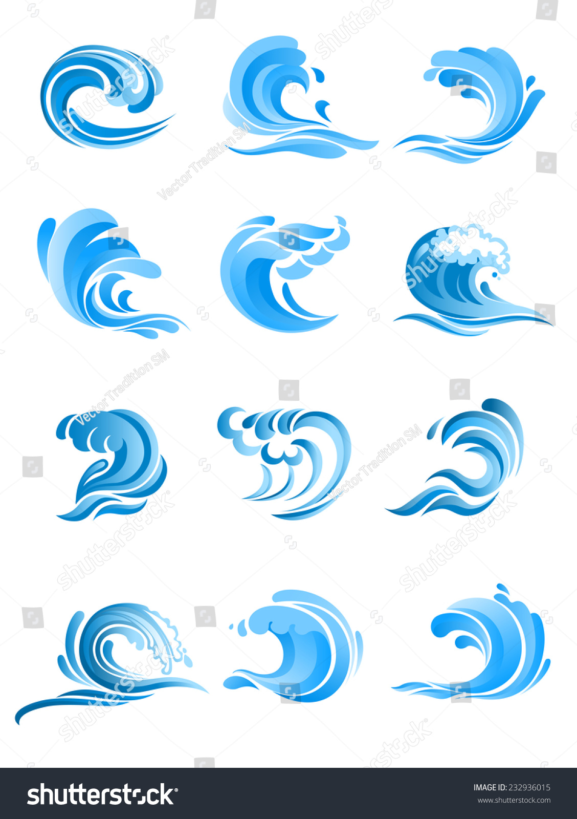 Blue Curly Sea Ocean Surf Waves Stock Vector (Royalty Free) 232936015