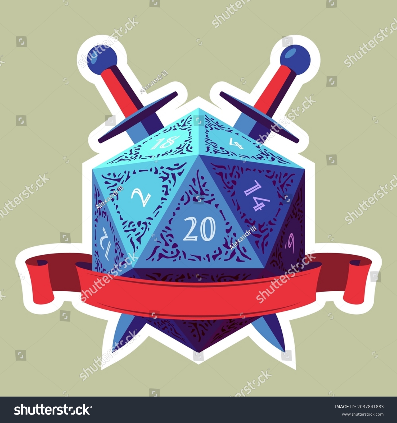 SVG of Blue D20 Die With Red Ribbon and Swords. Flat Style svg