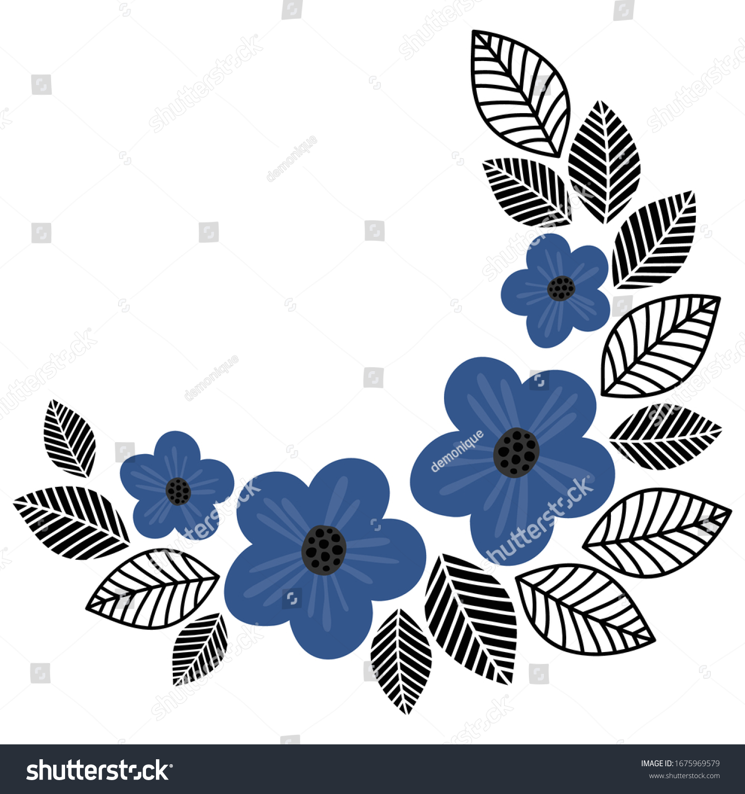 SVG of blue flowers black leaves spring summer fresh botanical half wreath centerpiece decorative bottom card poster element illustration isolated on white background svg