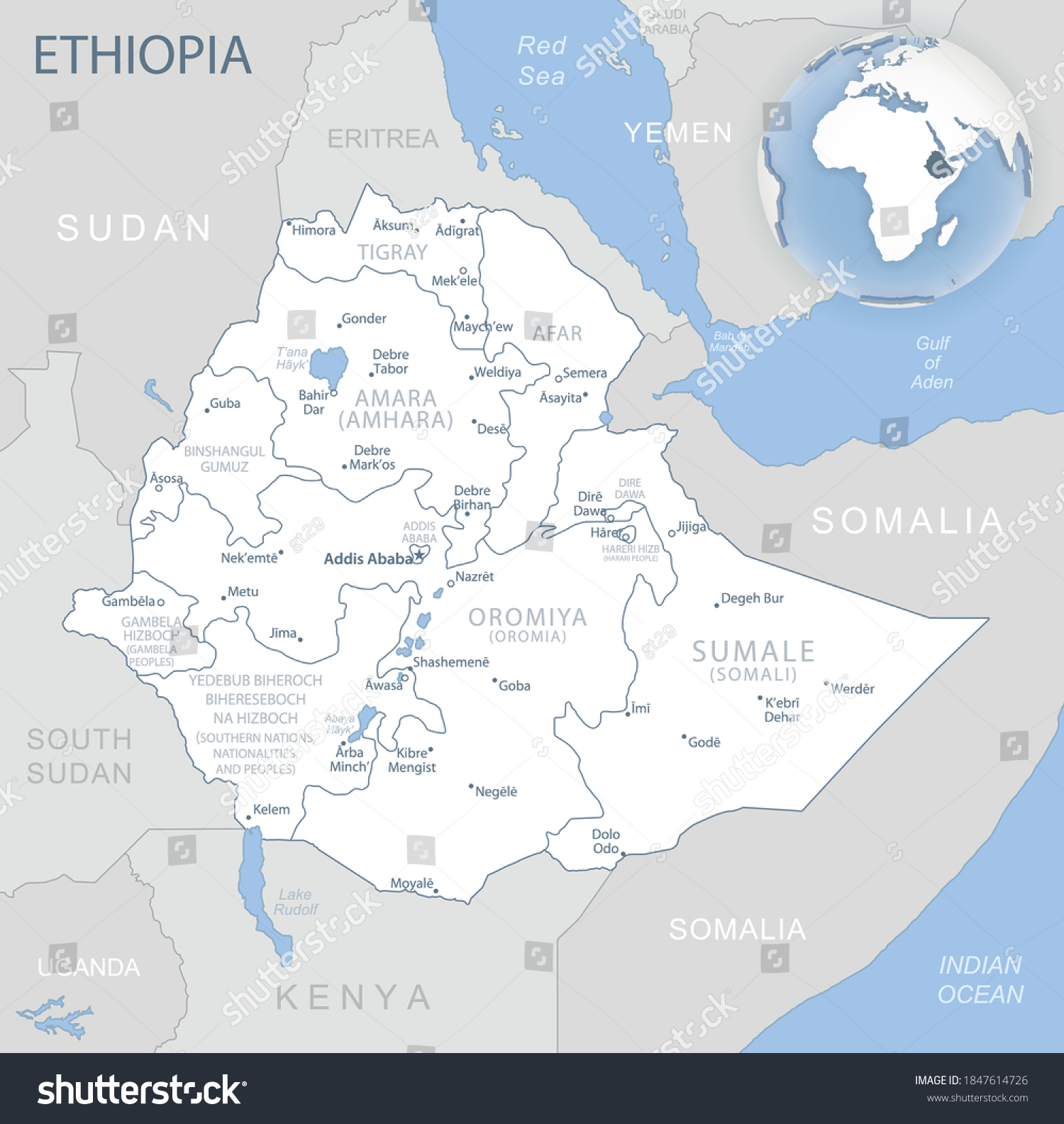 Detailed Map Of Ethiopia Bluegray Detailed Map Ethiopia Administrative Divisions Stock Vector  (Royalty Free) 1847614726 | Shutterstock