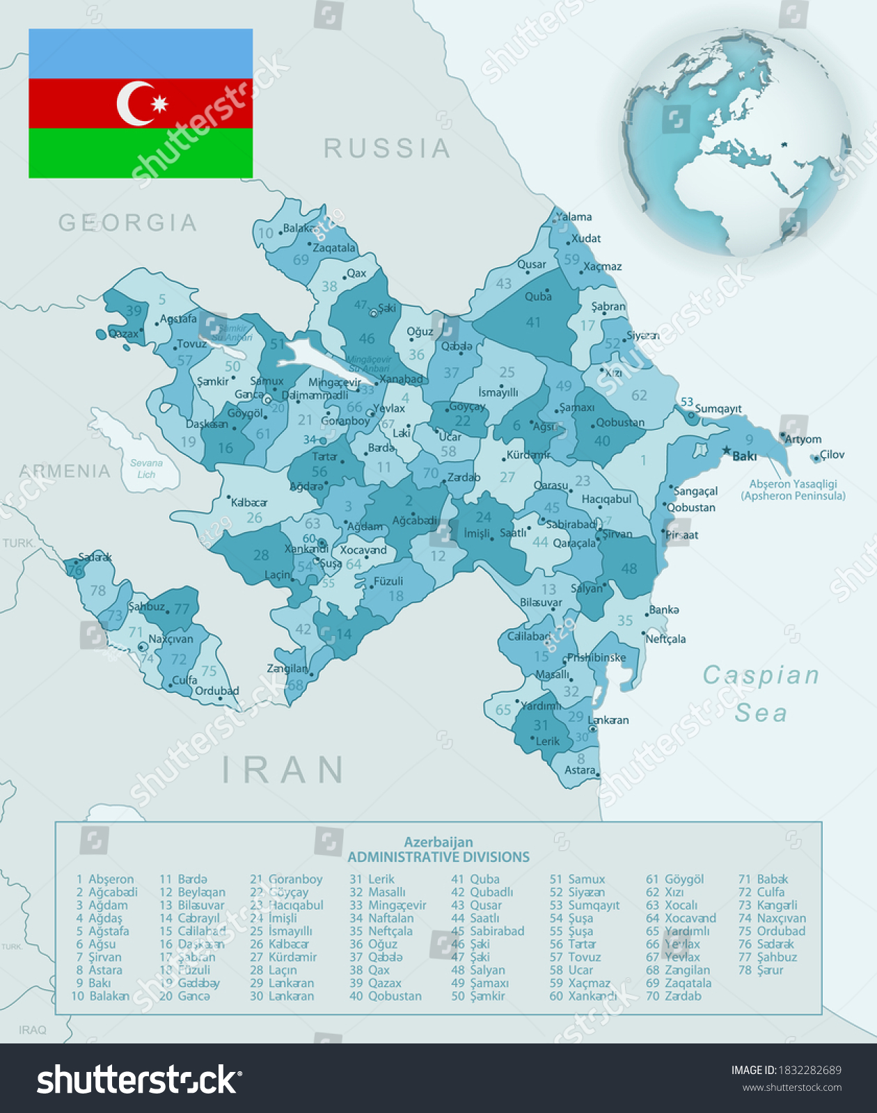 SVG of Blue-green detailed map of Azerbaijan administrative divisions with country flag and location on the globe. Vector illustration svg