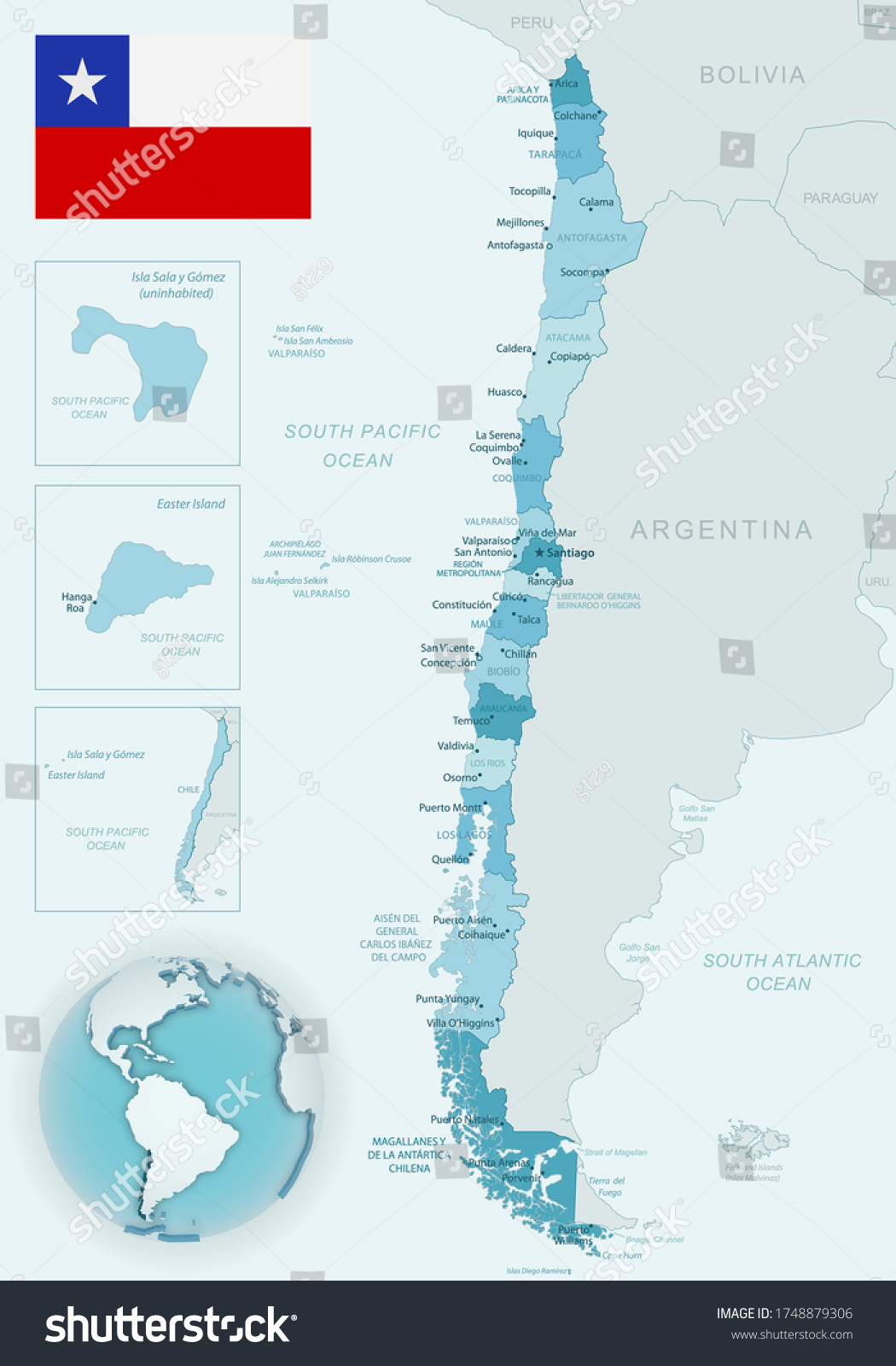 Bluegreen Detailed Map Chile Administrative Divisions Stock Vector 