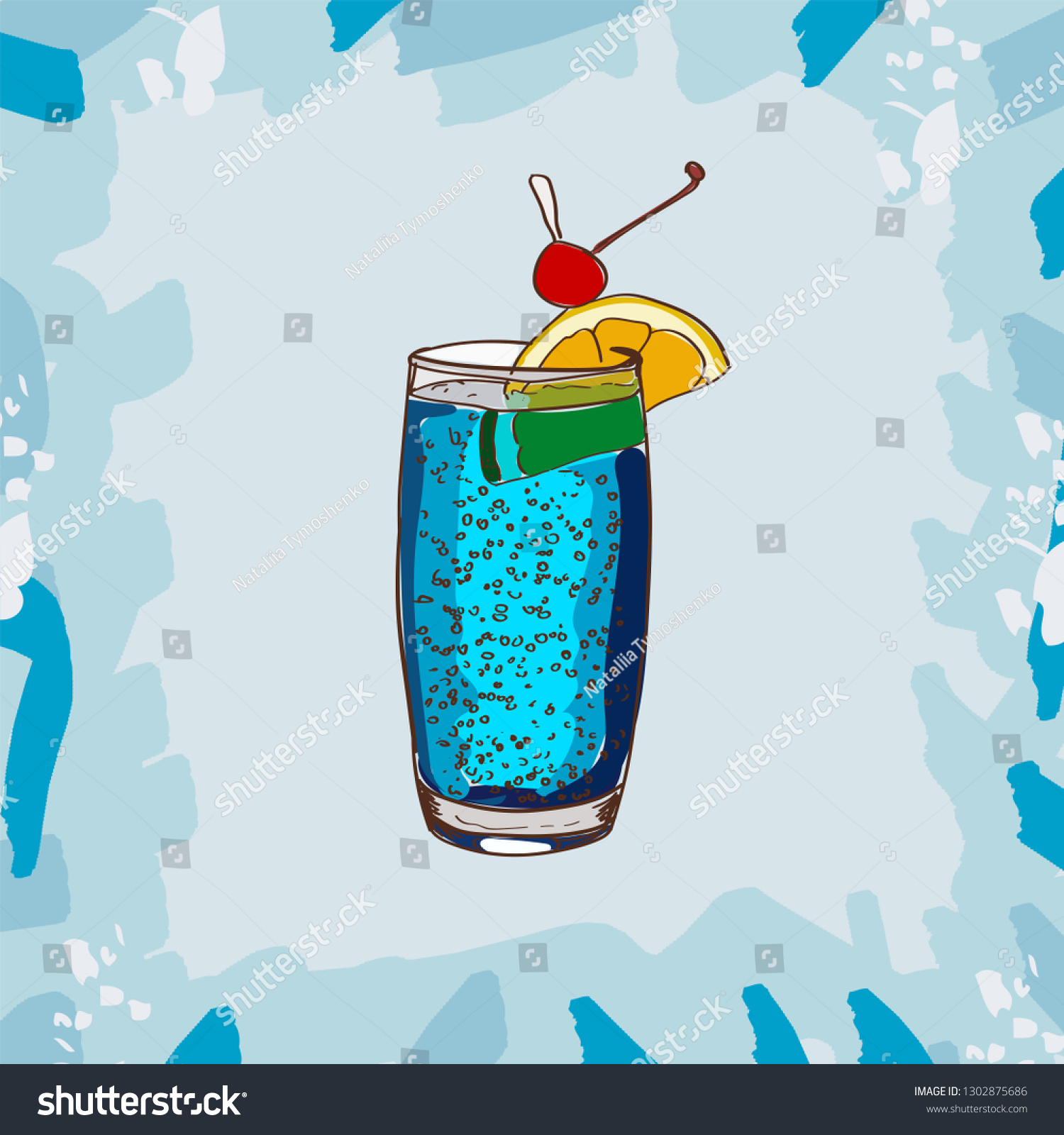 ブルーラグーンクラシックカクテルイラスト アルコール飲料の手描きのベクトル ポップアート のベクター画像素材 ロイヤリティフリー
