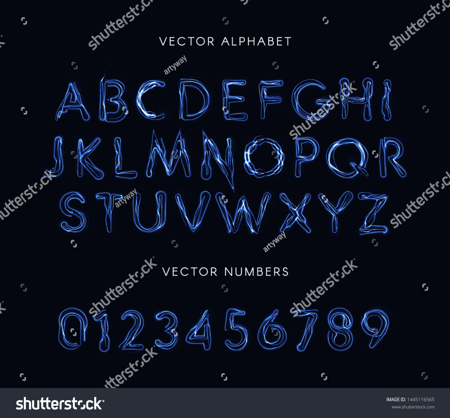 Blue Lightning Style Letters Numbers Set Stock Vector Royalty Free