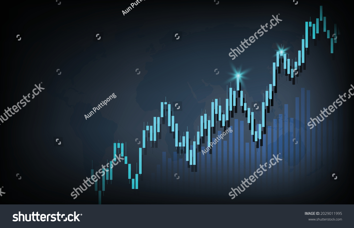 SVG of Blue neon candlestick and chart world stock market investment chart stock trading bullish point bear market trend trend graph vector with world map black background svg