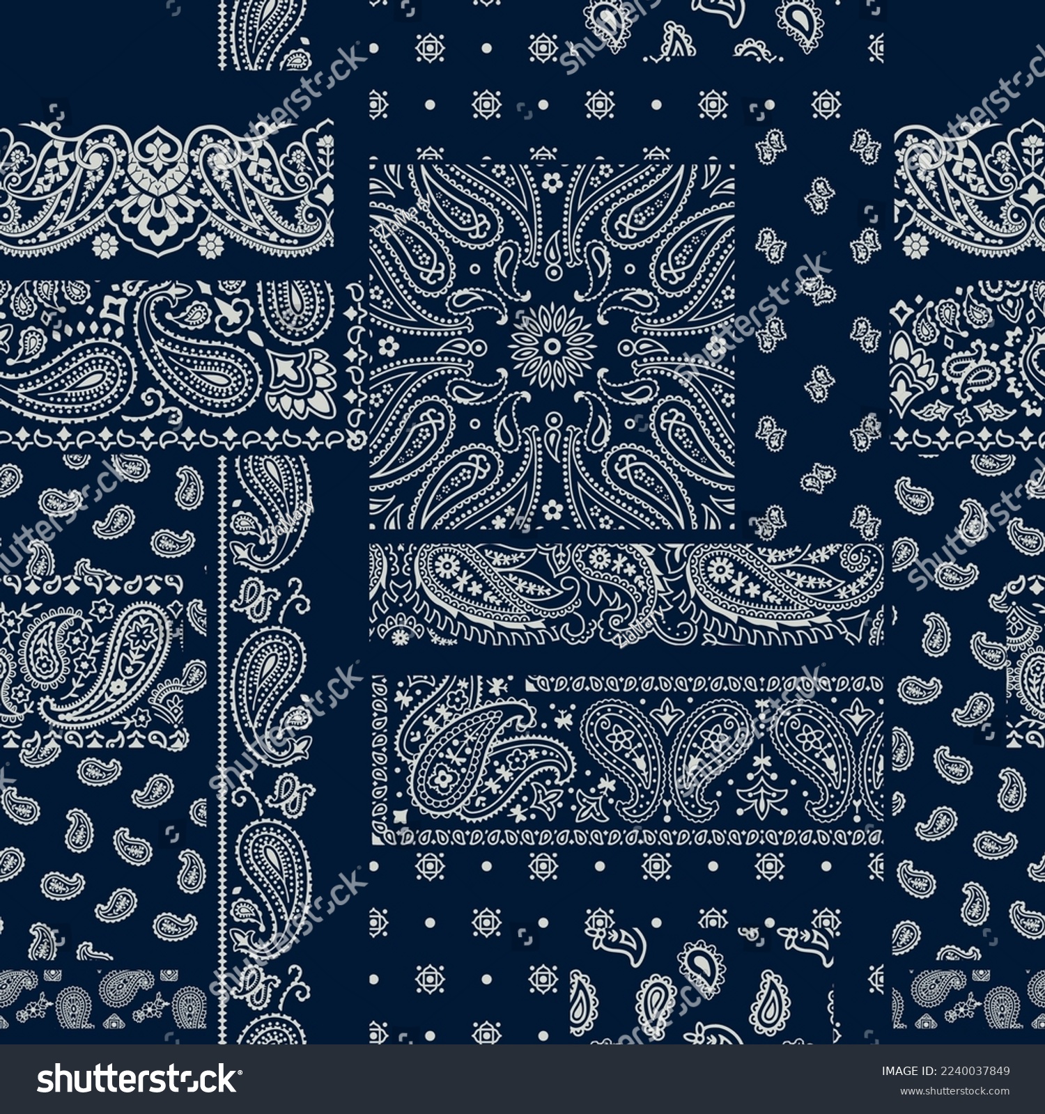 SVG of Blue paisley bandana fabric patchwork abstract vector seamless pattern svg