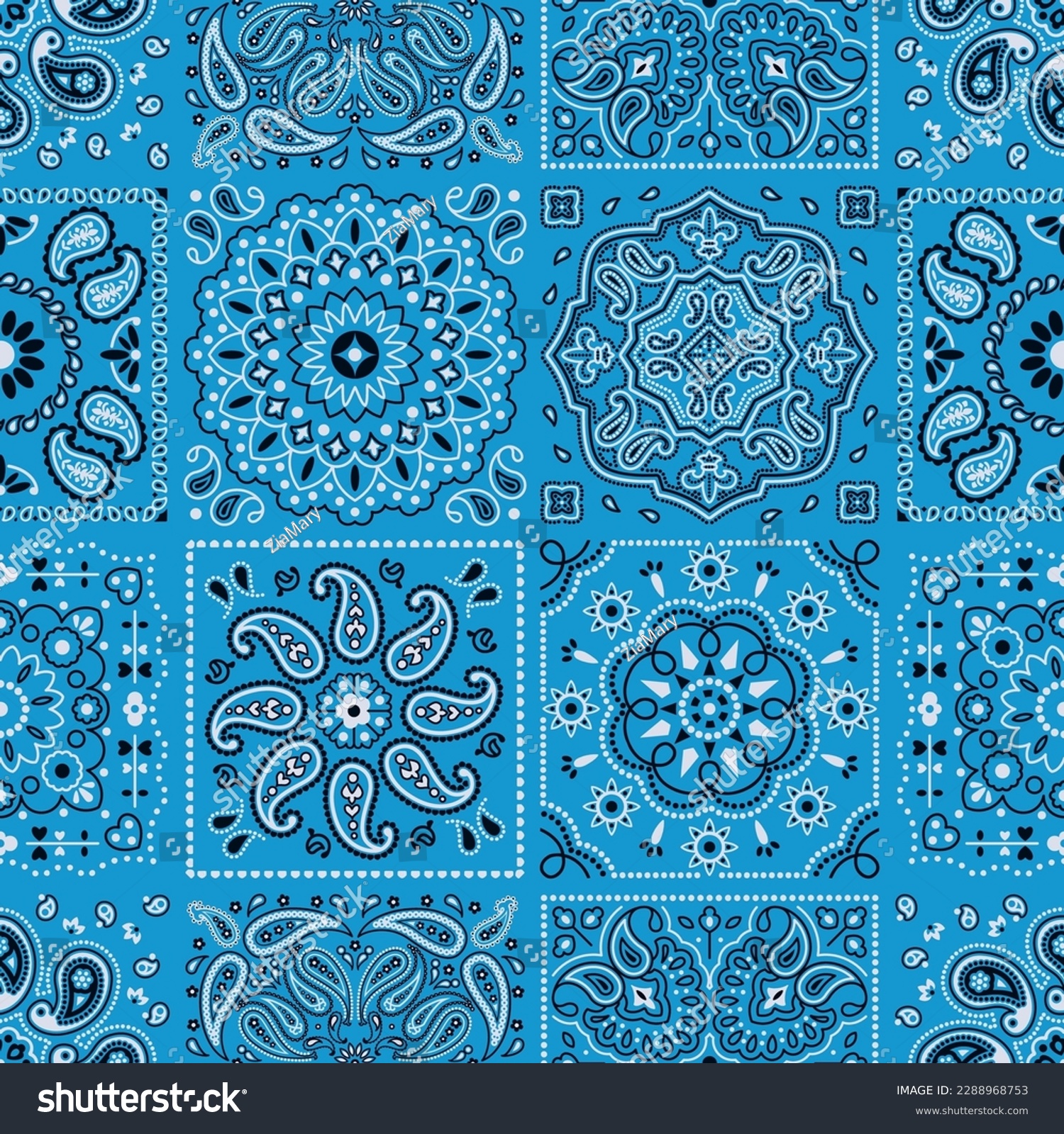 SVG of Blue Paisley fabric tiles patchwork wallpaper vintage vector seamless pattern svg