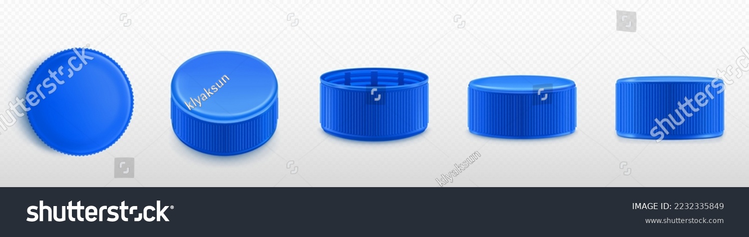 SVG of Blue plastic bottle caps png set isolated on transparent background. Realistic 3D illustration of screw lids top, side, front, upside down view. Mockup of cover for mineral water, soda, medicines svg