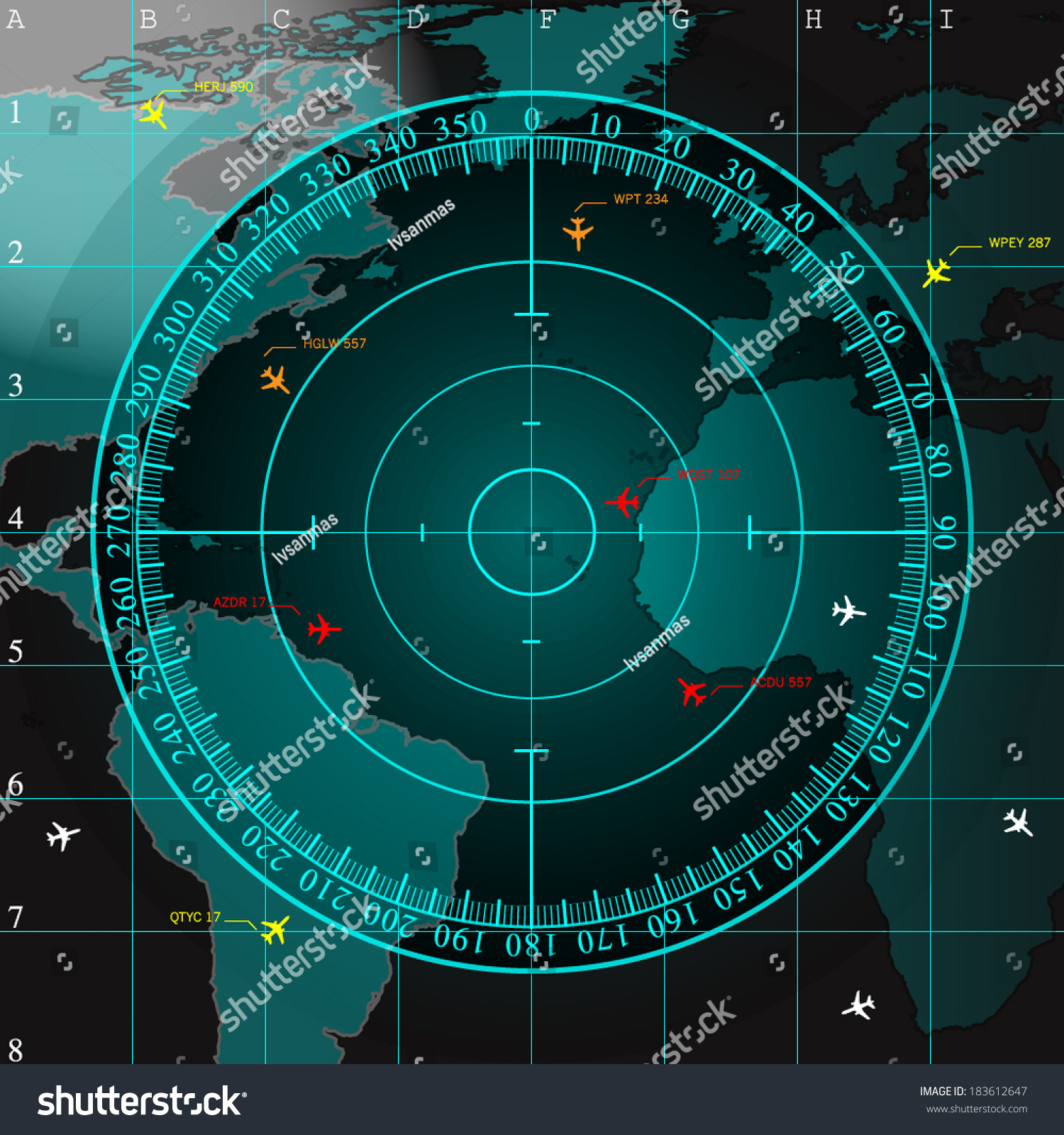 Blue Radar Screen Over Square Grid Lines And Highly Detailed Map Of The ...