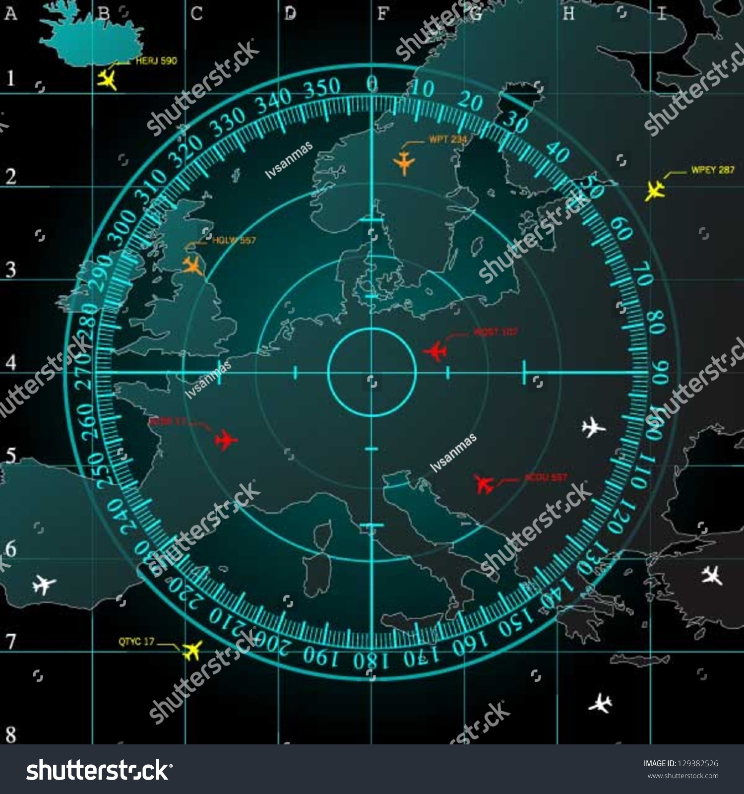 Blue Radar Screen Over Square Grid Lines, And Map Of Europe Territory ...