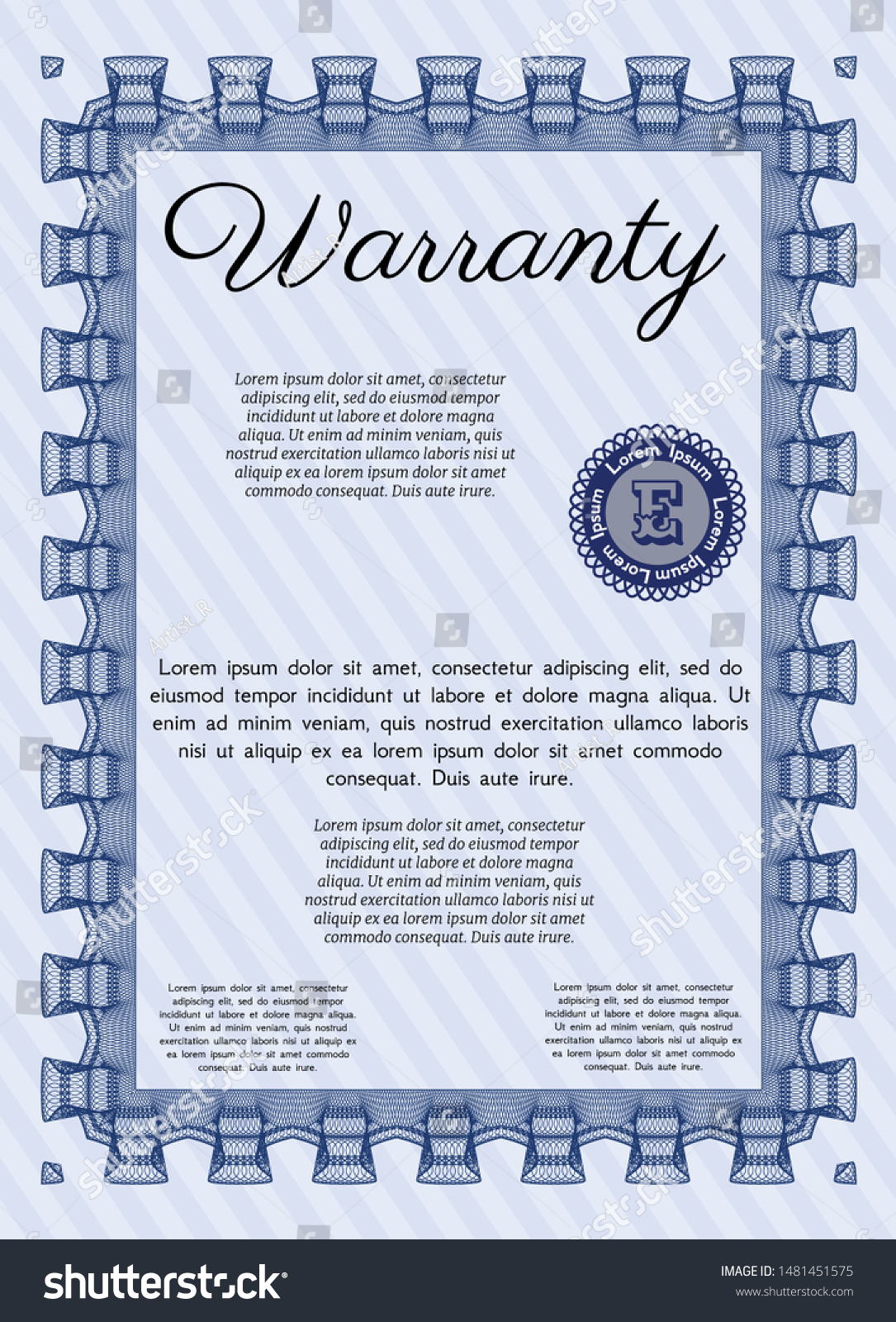 Blue Warranty Certificate Template Nice Design Stock Vector (Royalty ...