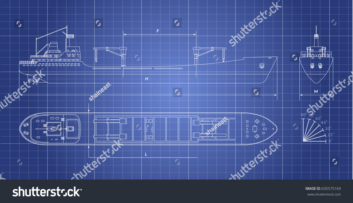 SVG of Blueprint of cargo ship on a white background. Top, side and front view. Container transport. Vector illustration svg