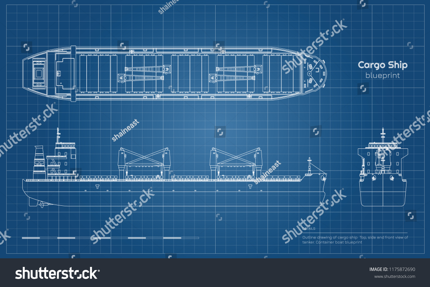 SVG of Blueprint of cargo ship on white background. Top, side and front view of tanker. Container boat industrial drawing. Vector illustration svg