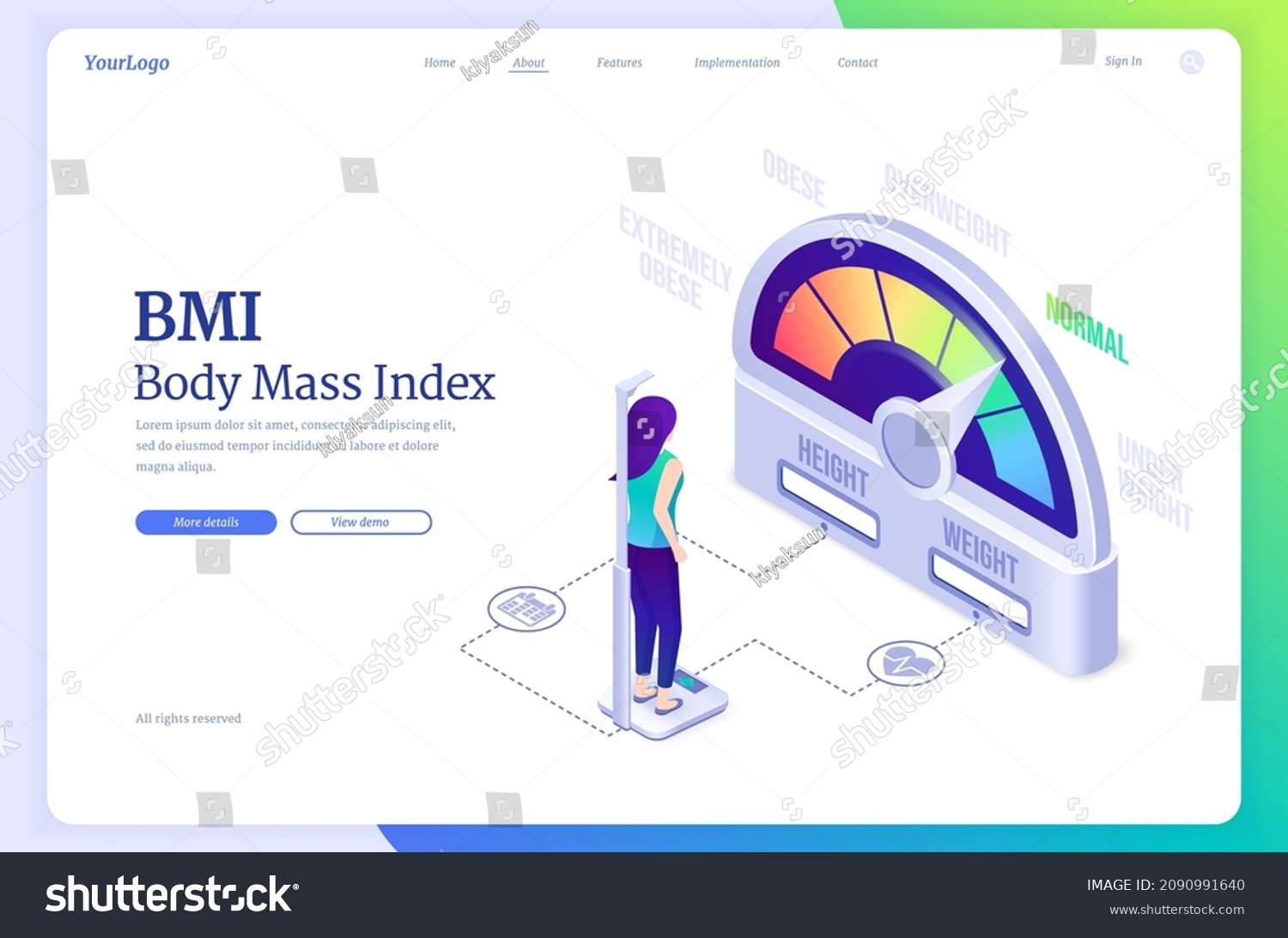 SVG of Bmi, body mass index isometric landing page. Women weigh near obese chart scale with extremely, overweight and normal indicators, female characters on diet using weight control, 3d vector web banner svg